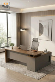 Modern Office Desk with Wooden Top, Side Storage Cabinet, Drawer and Open Shelves, Computer Workstation for Home Office, Study Room and Workplace