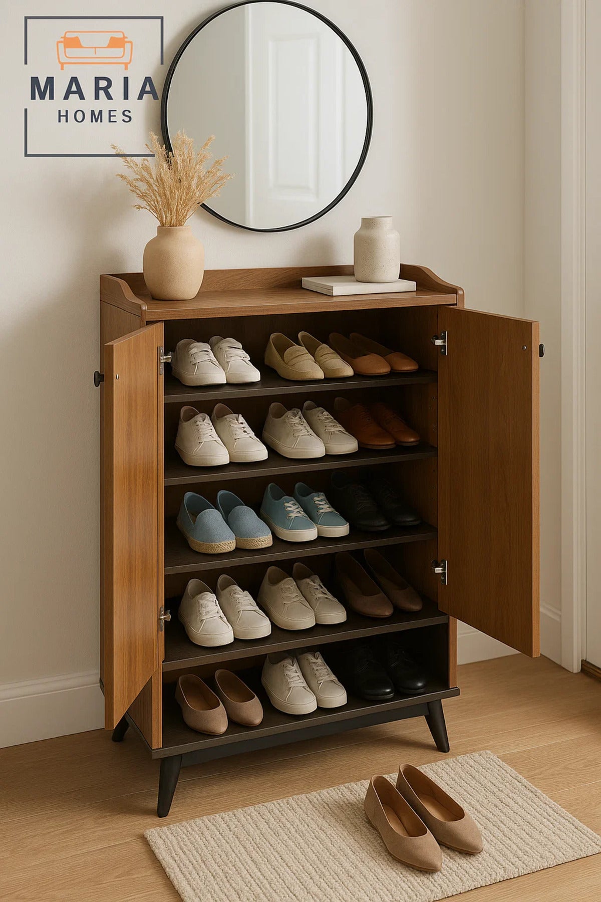 Rustic Brown Shoe Rack Cabinet with Bottom Shelf Ð Modern Wooden Storage Organizer for Entryway