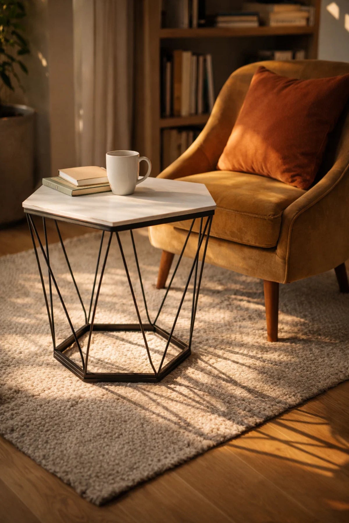 Stylish Hexagon Coffee Table White Ceramic Top Black Metal Geometric Frame Living Room Decor 60cm