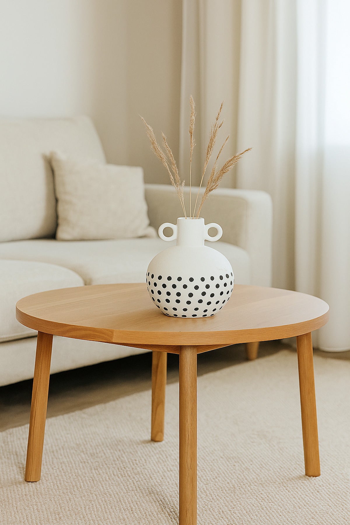 Natural White Ceramic Vase with Black Dots Ð Round Double Handle Decorative Vase
