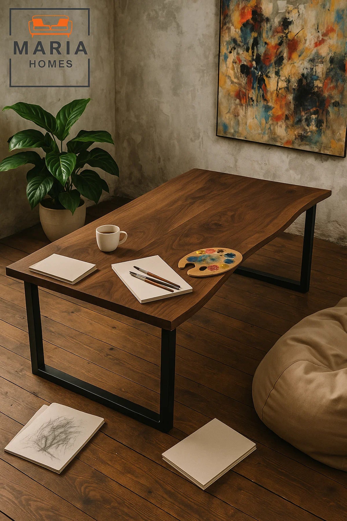 Center Table 120x60x45cm Ð Walnut Wood Finish with Black Metal Base for Modern Living Rooms