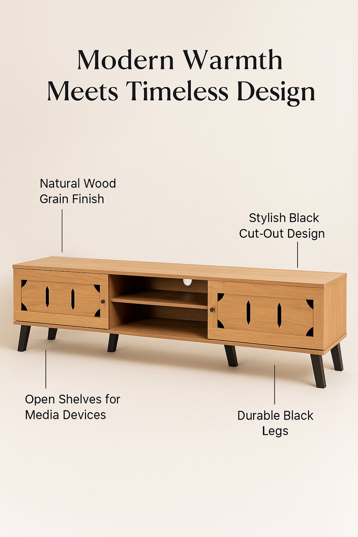 Light Brown Wooden TV Stand 180_40_44 cm Ð Modern TV Unit with Cutout Design Doors and Open Shelves