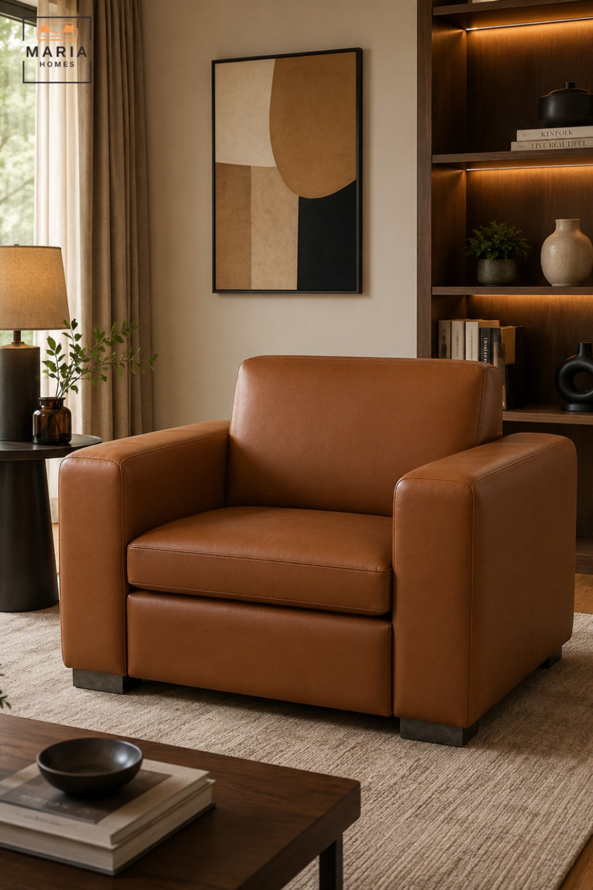 Modern Brown Leather Armchair with Wide Padded Armrests, Cushioned Seat & Low Metal Feet, Contemporary Lounge Accent Chair for Living Room Office Reception