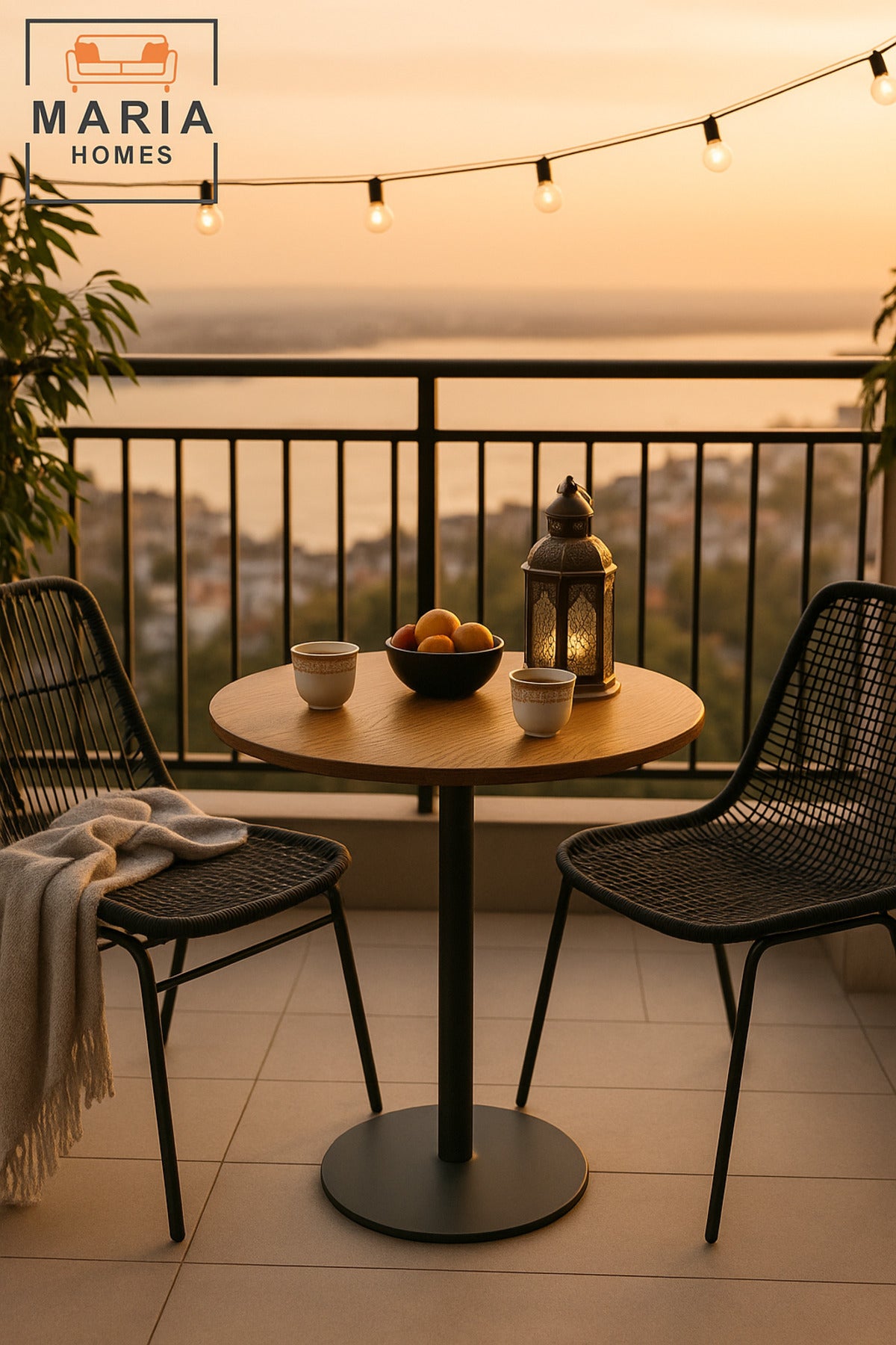 Round CafŽ Table with Wooden Top and Black Metal Base