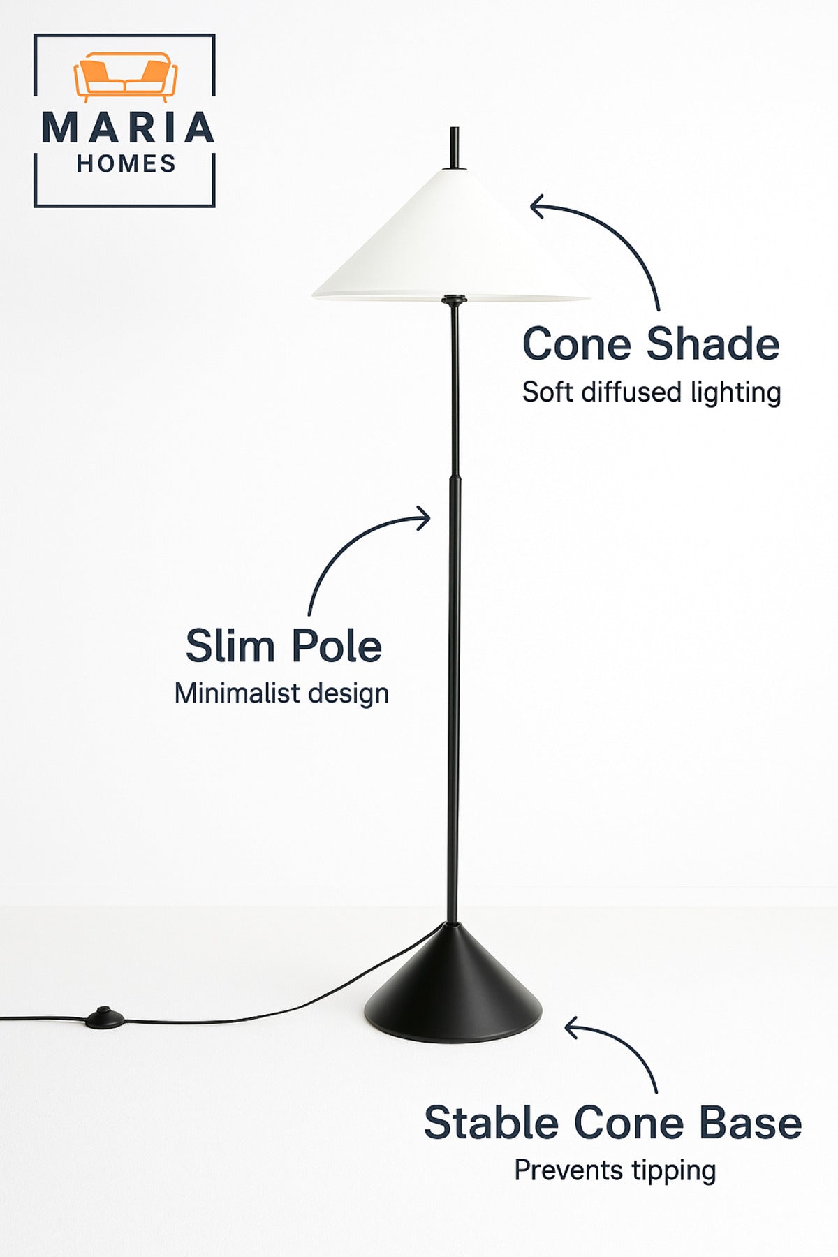 Modern Black Floor Lamp with White Conical Shade Ð Minimalist Standing Light