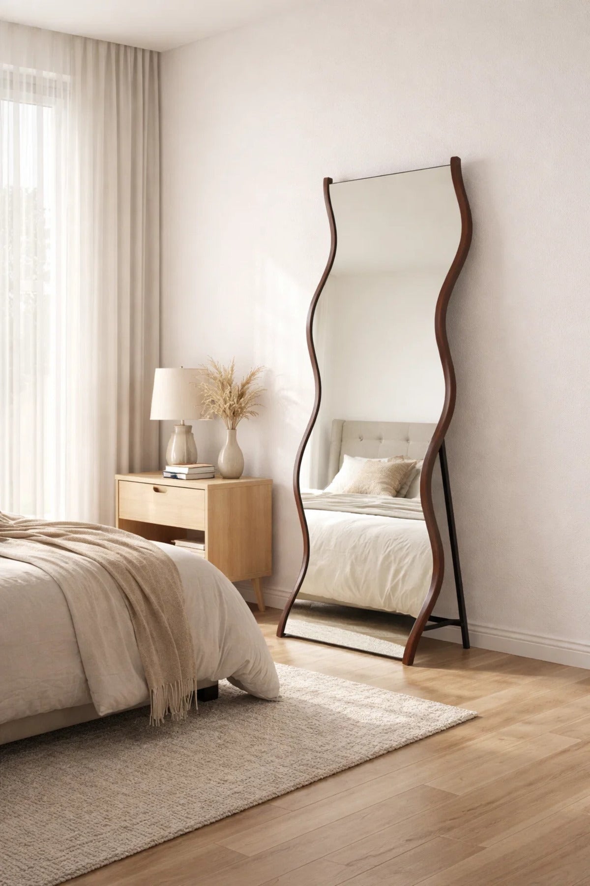 Modern Wavy Full Length Floor Mirror with Dark Wood Frame & Stand
