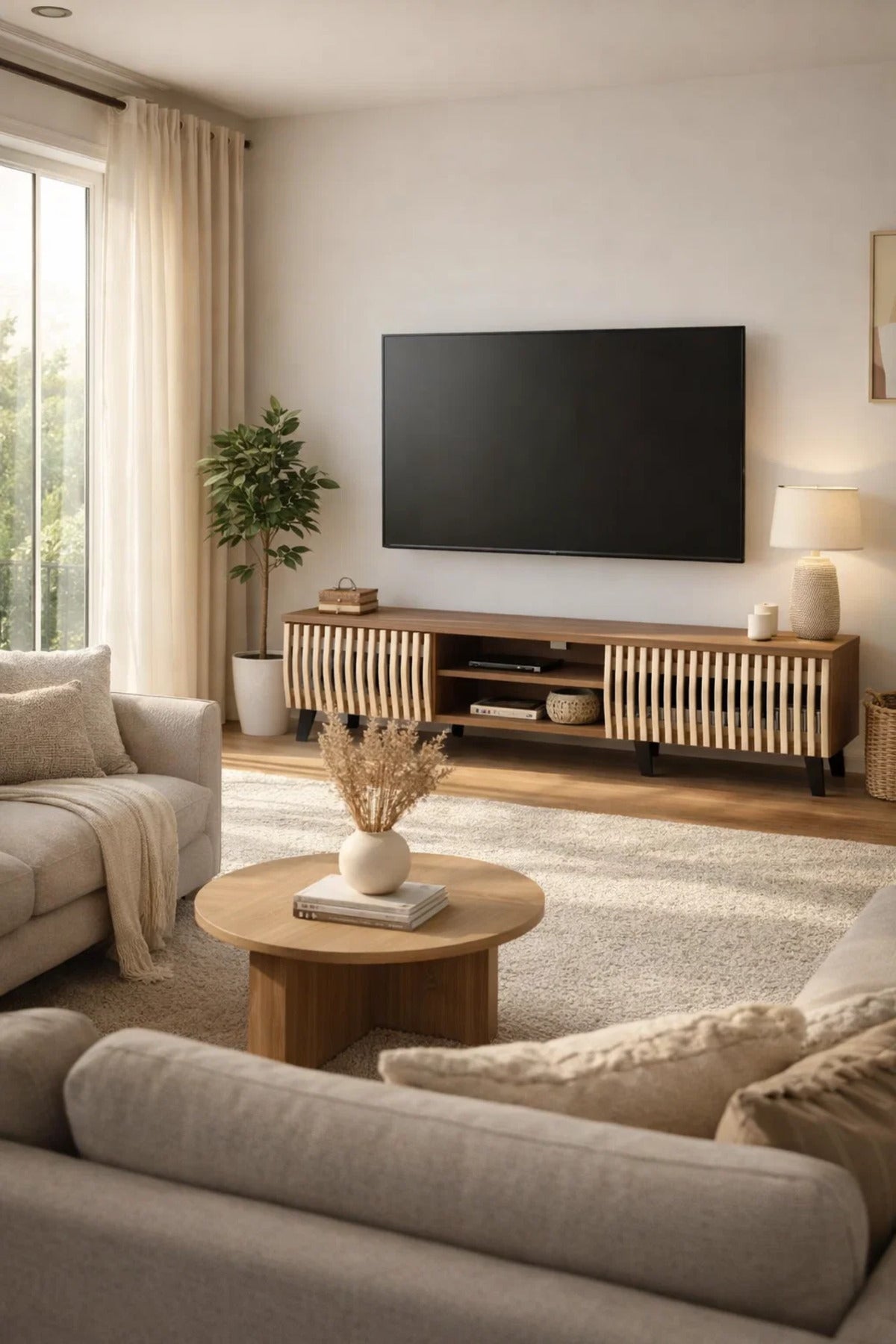 Modern Wooden TV Stand Dark Brown with Beige Slatted Design 160 x 40 x 43 cm