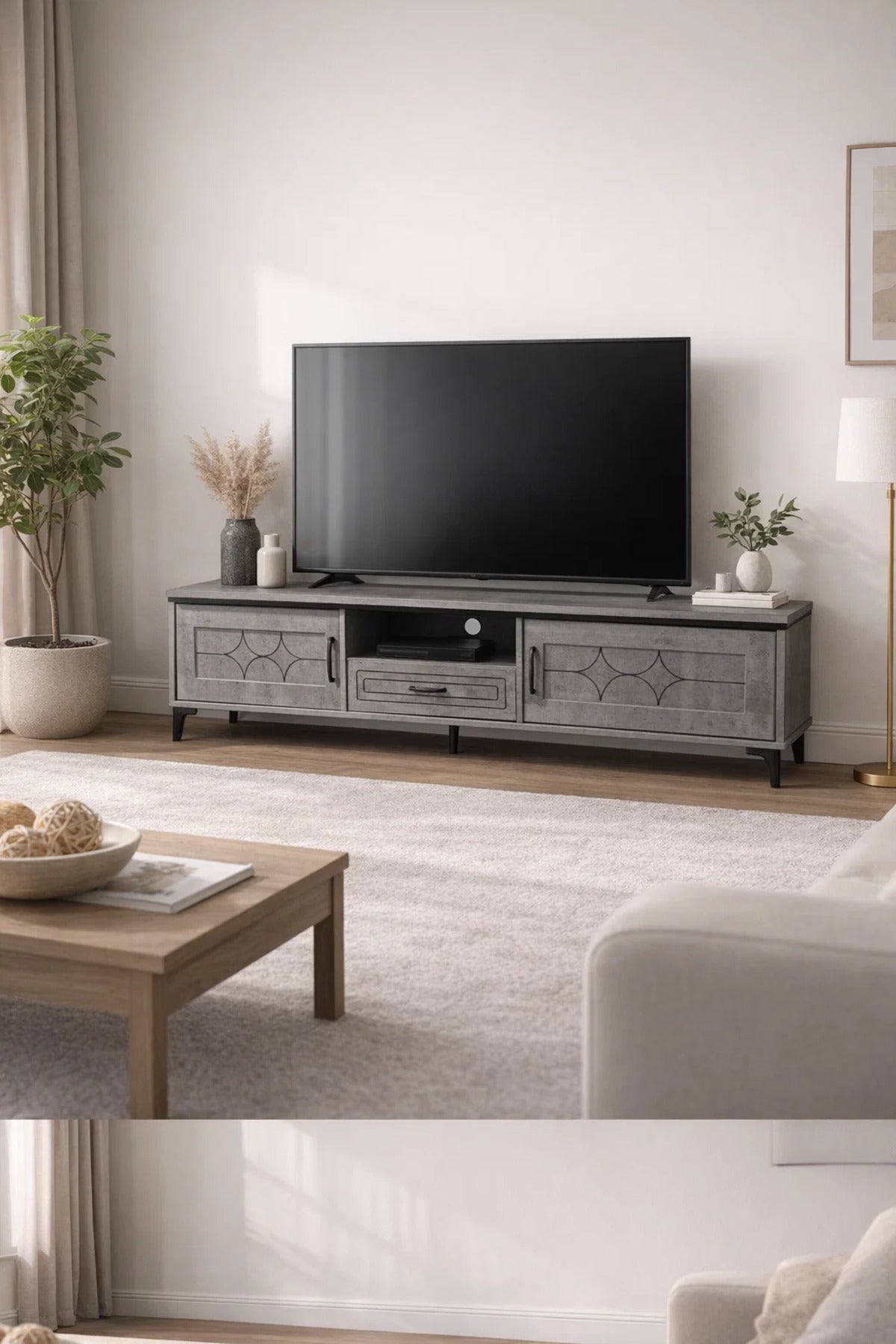 Modern Grey TV Table Media Console Stand with Storage Drawer and Cabinets Living Room 160cm