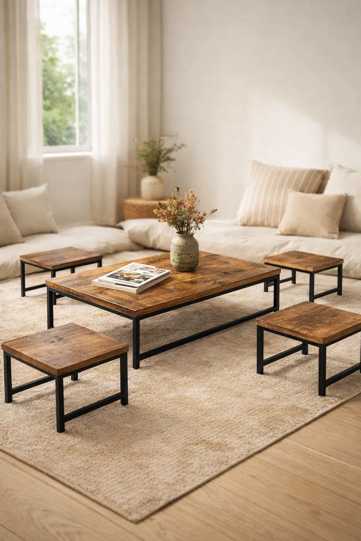 Modern 5-Piece Low Floor Coffee Table Set Industrial Wood Design Metal Legs Living Room Center Table