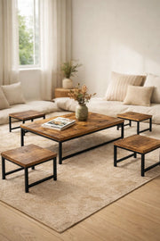 Modern 5-Piece Low Floor Coffee Table Set Industrial Wood Design Metal Legs Living Room Center Table