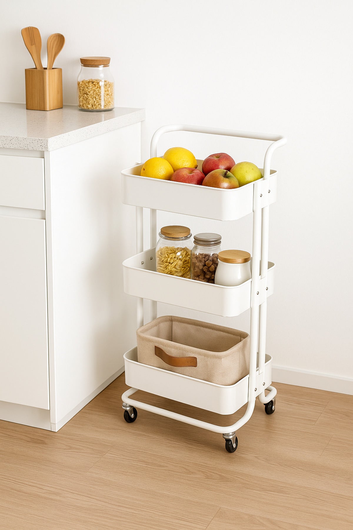 3-Layer White Metal Storage Trolley with Wheels Ð Multi-Purpose Rolling Organizer Cart