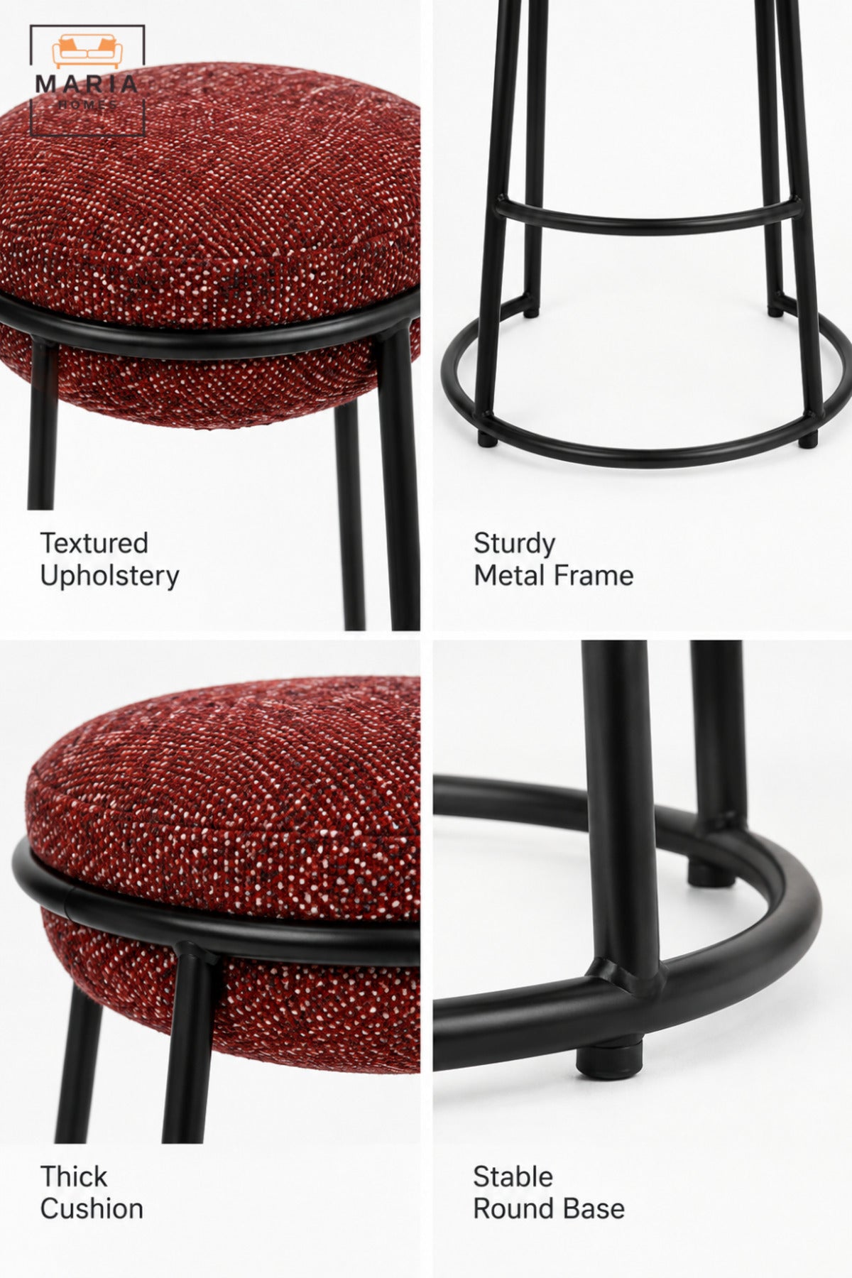 Modern Round Bar Stool with Padded Fabric Seat & Circular Footrest | Red Upholstered High Counter Chair with Slim Black Frame for Café and Kitchen 70x33cm