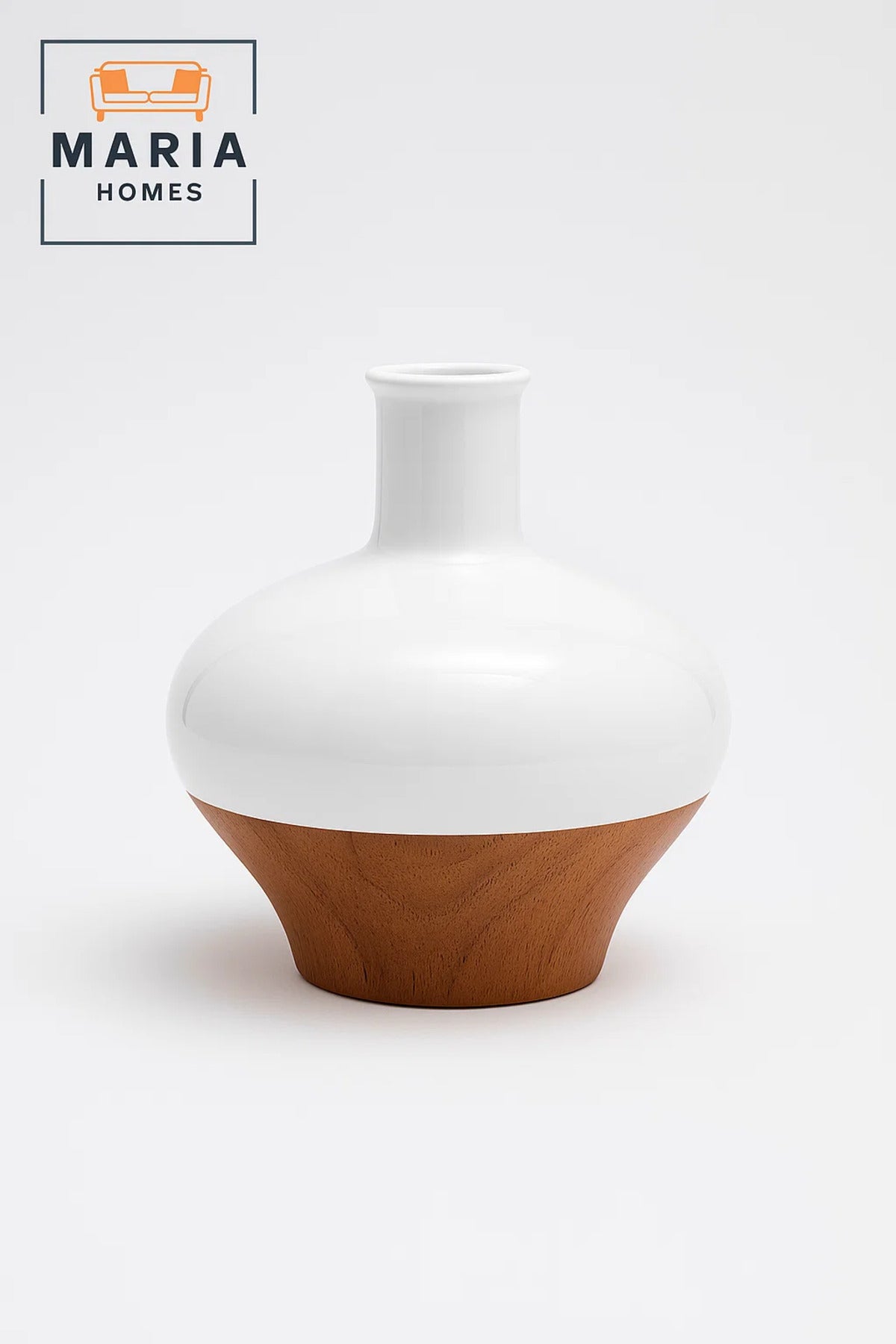 White and Cork Finish Ceramic Vase – Wide Round Decorative Flower Pot