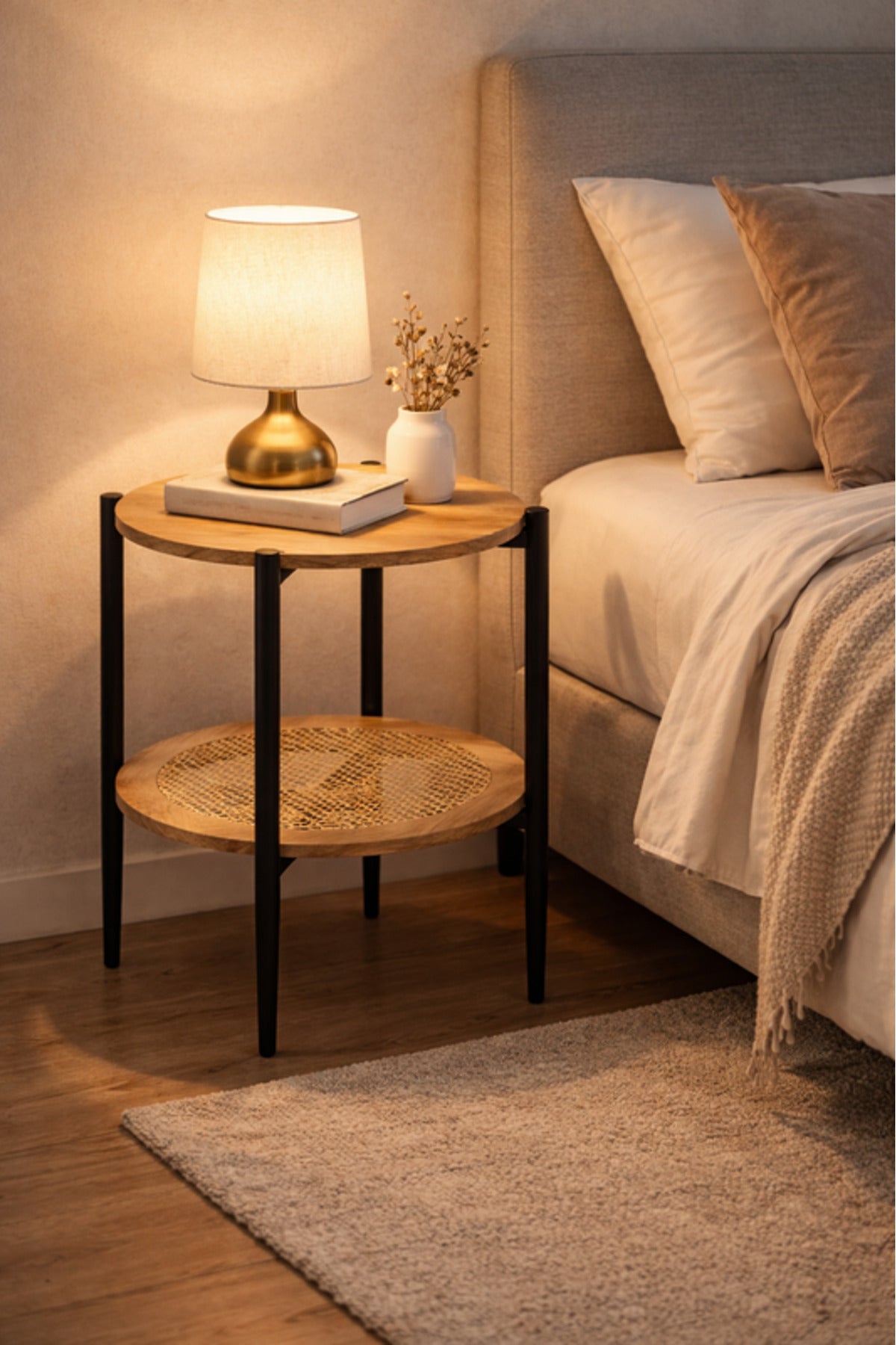 Modern Wood & Metal Side Table with Rattan Shelf √ê Compact Accent Table