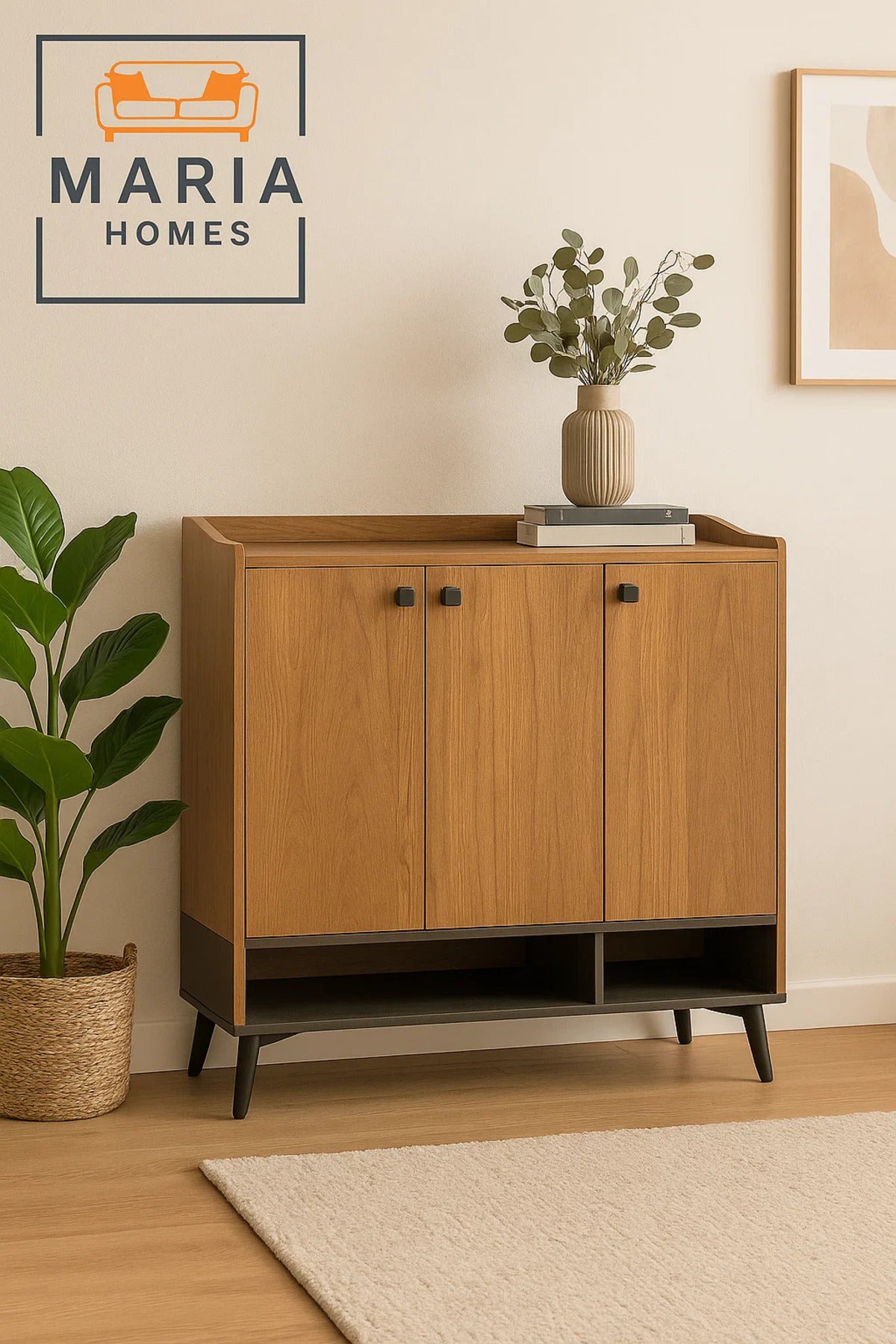 Modern Wooden Shoe Cabinet with 3 Doors and Open Bottom Shelf, Brown Entryway Storage