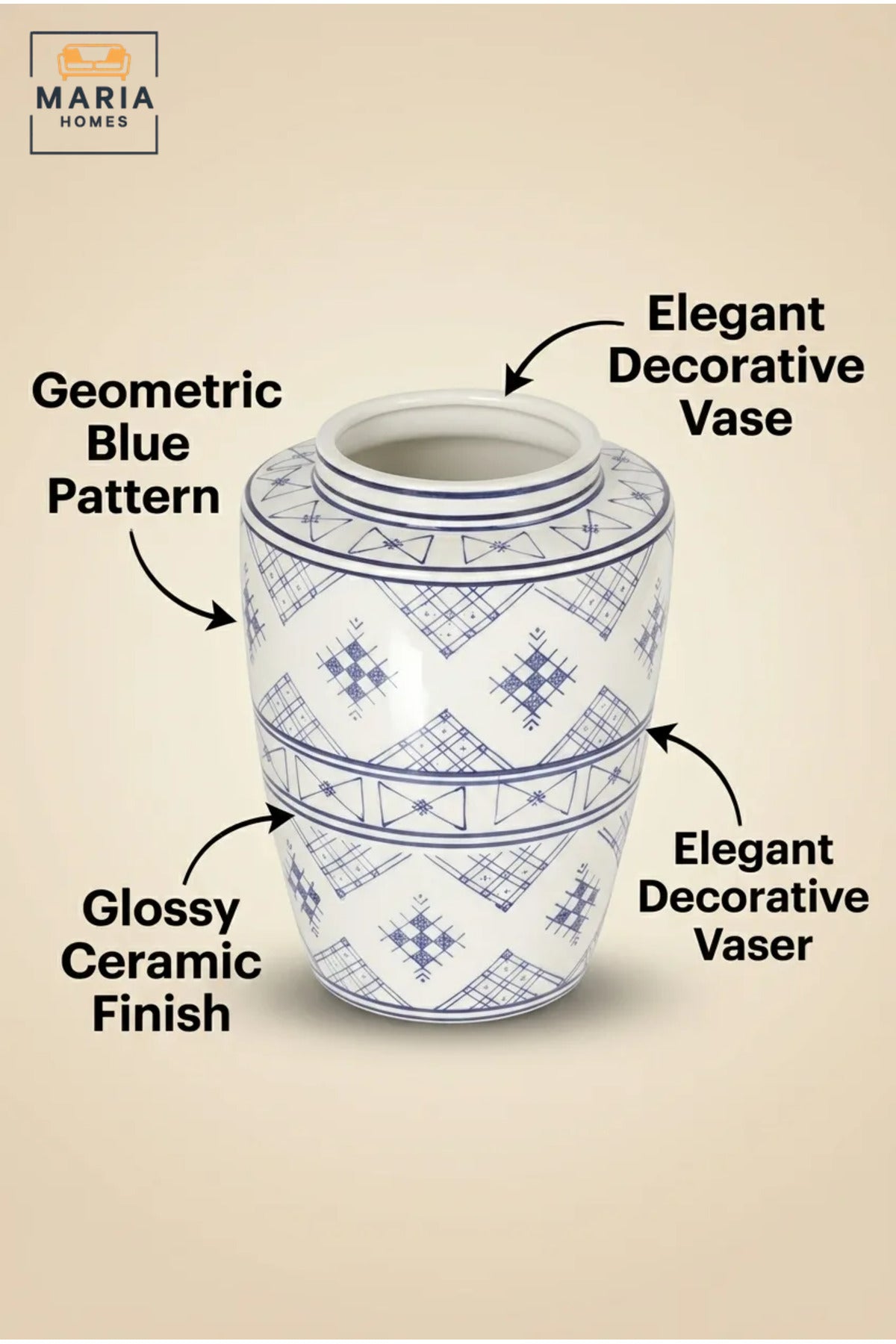 Blue and White Patterned Decorative Vase, Modern Ceramic Flower Holder with Geometric Design for Living Room, Bedroom, Office, Shelf and Table Décor