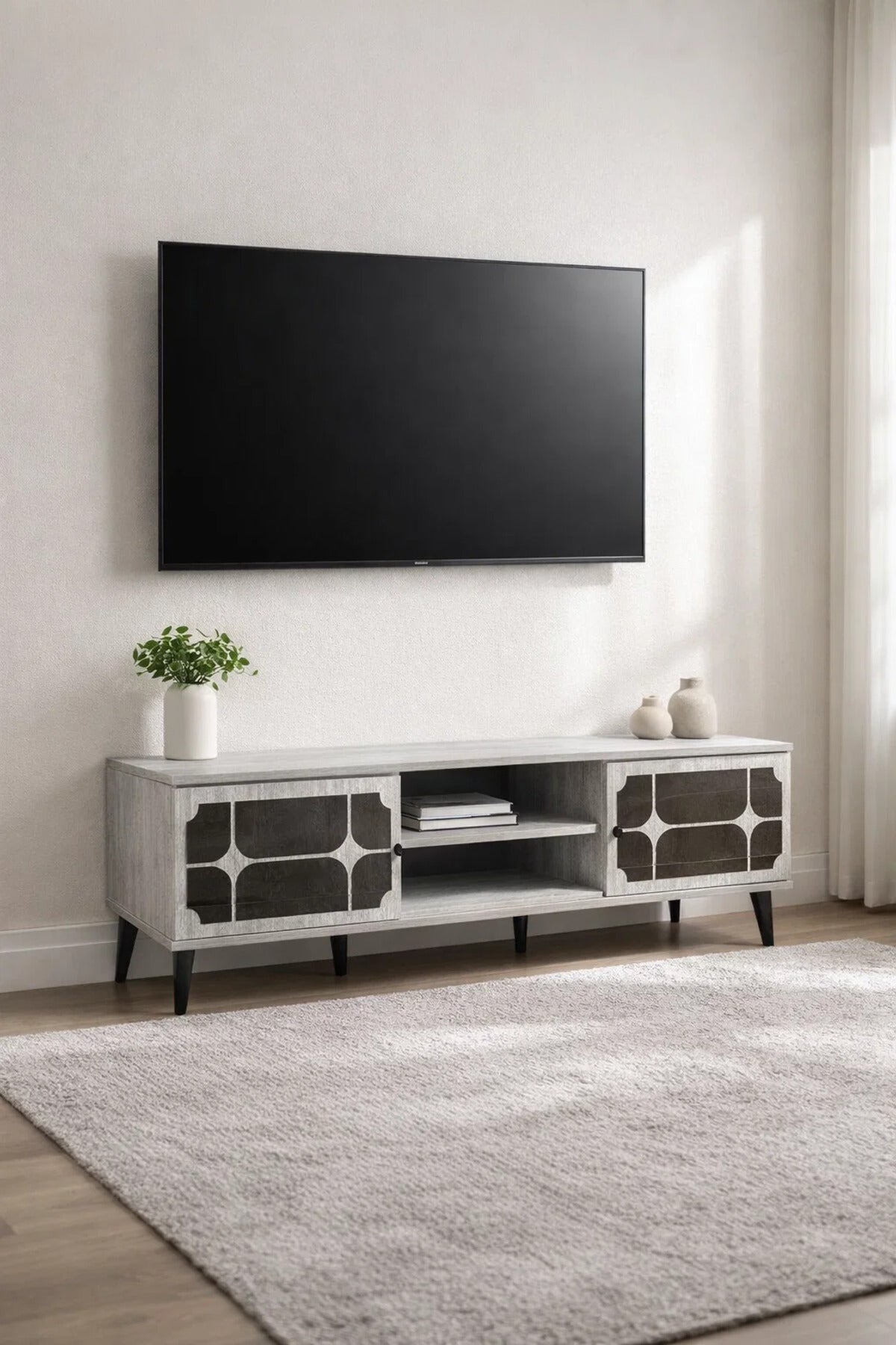 Stylish Grey TV Unit with Storage Shelves and Modern Cabinet Doors for Living Room Entertainment