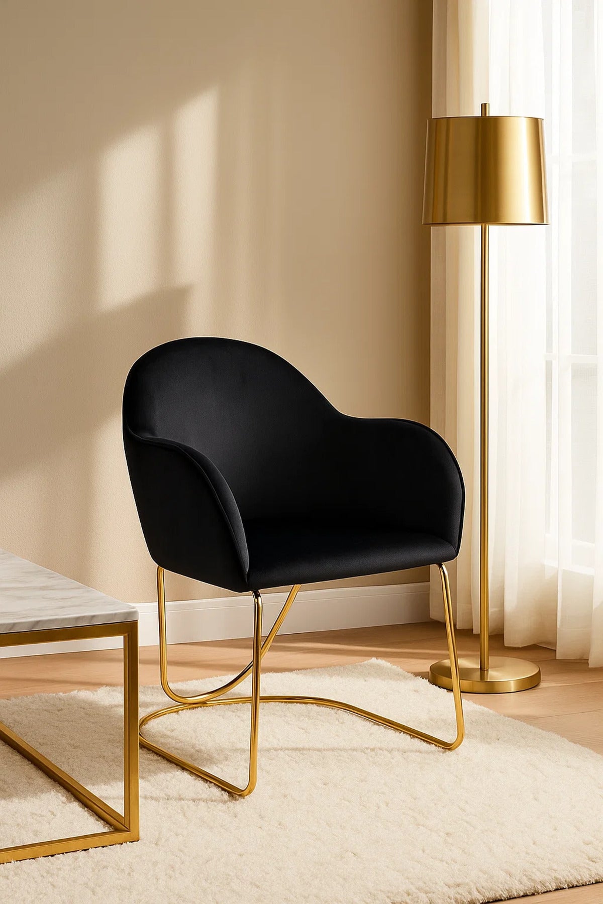 Luxury Black Velvet Accent Chair with Gold Metal Legs, Modern Upholstered Armchair for Home & Office