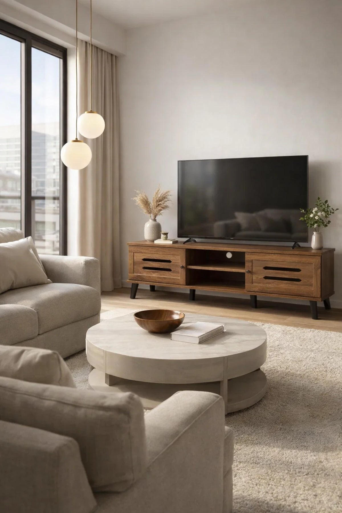 Modern Wooden TV Stand Dark Brown with Slotted Front Design 160 x 40 x 44 cm
