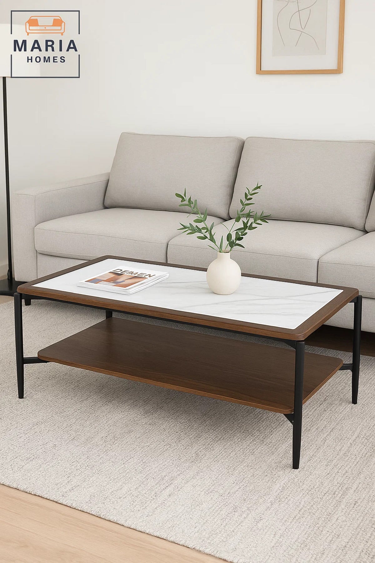 Modern Center Table 130x60x45cm Ð Marble Top Look with Wooden Shelf and Metal Frame for Living Room