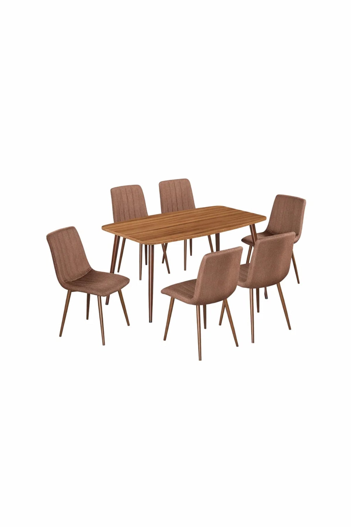 Stylish 6-Person Dining Set with Rectangular Wood Table and Brown Fabric Chairs for Modern Living
