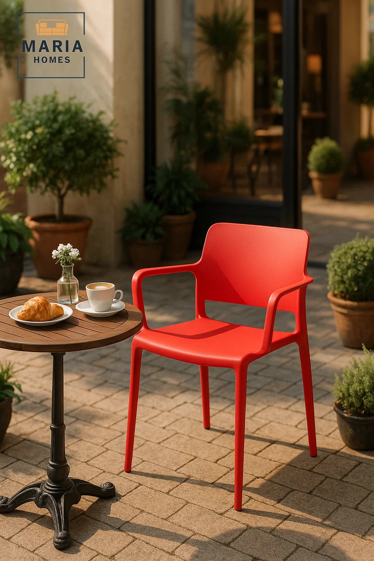 Bright Red Plastic Armchair Ð Modern Stackable Outdoor & Indoor Chair with Open Lower Back