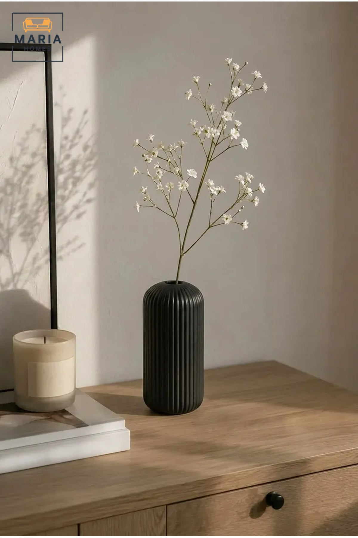 Black Ribbed Decorative Vase, Modern Cylindrical Flower Holder for Dried Flowers, Living Room, Bedroom, Office, Shelf and Table Décor