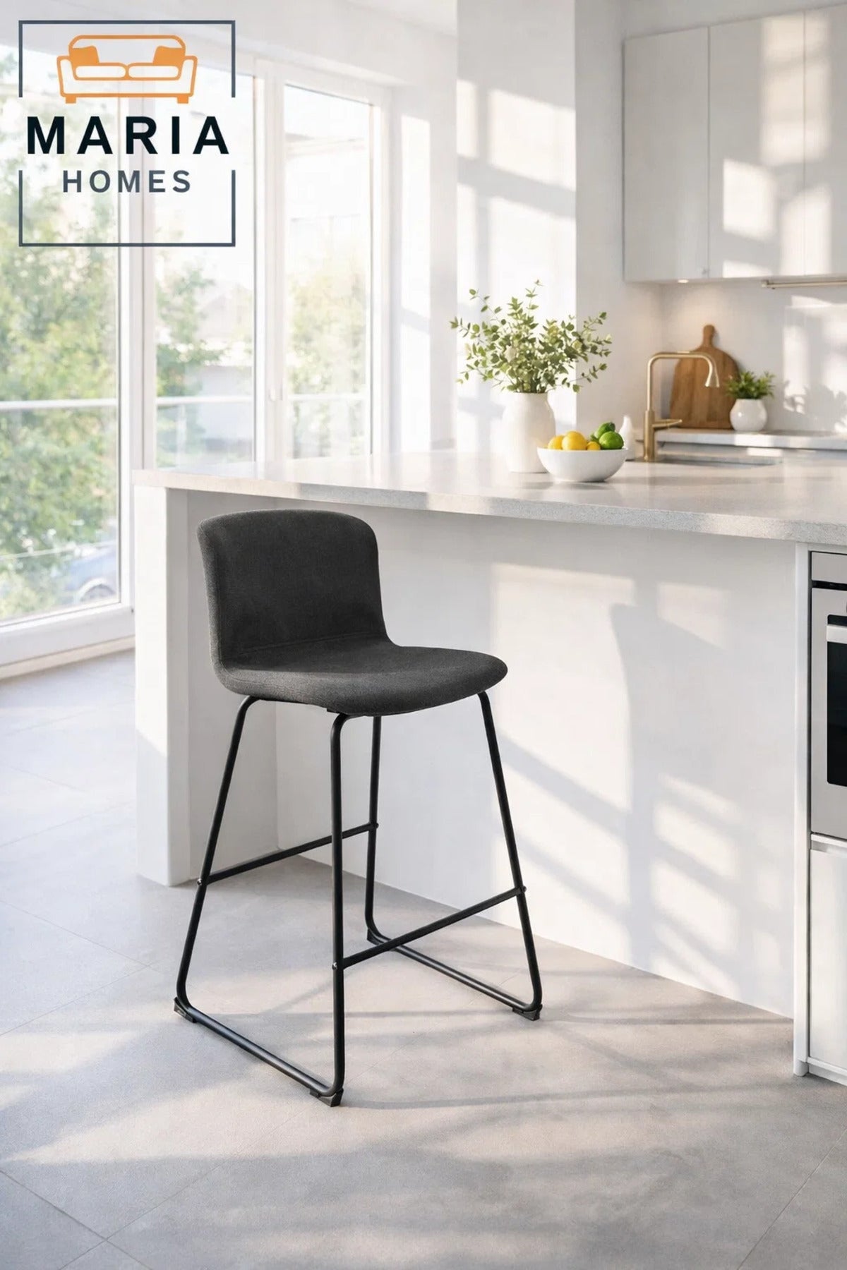Grey Upholstered Bar Stool with Black Metal Frame Ð Modern Counter Chair