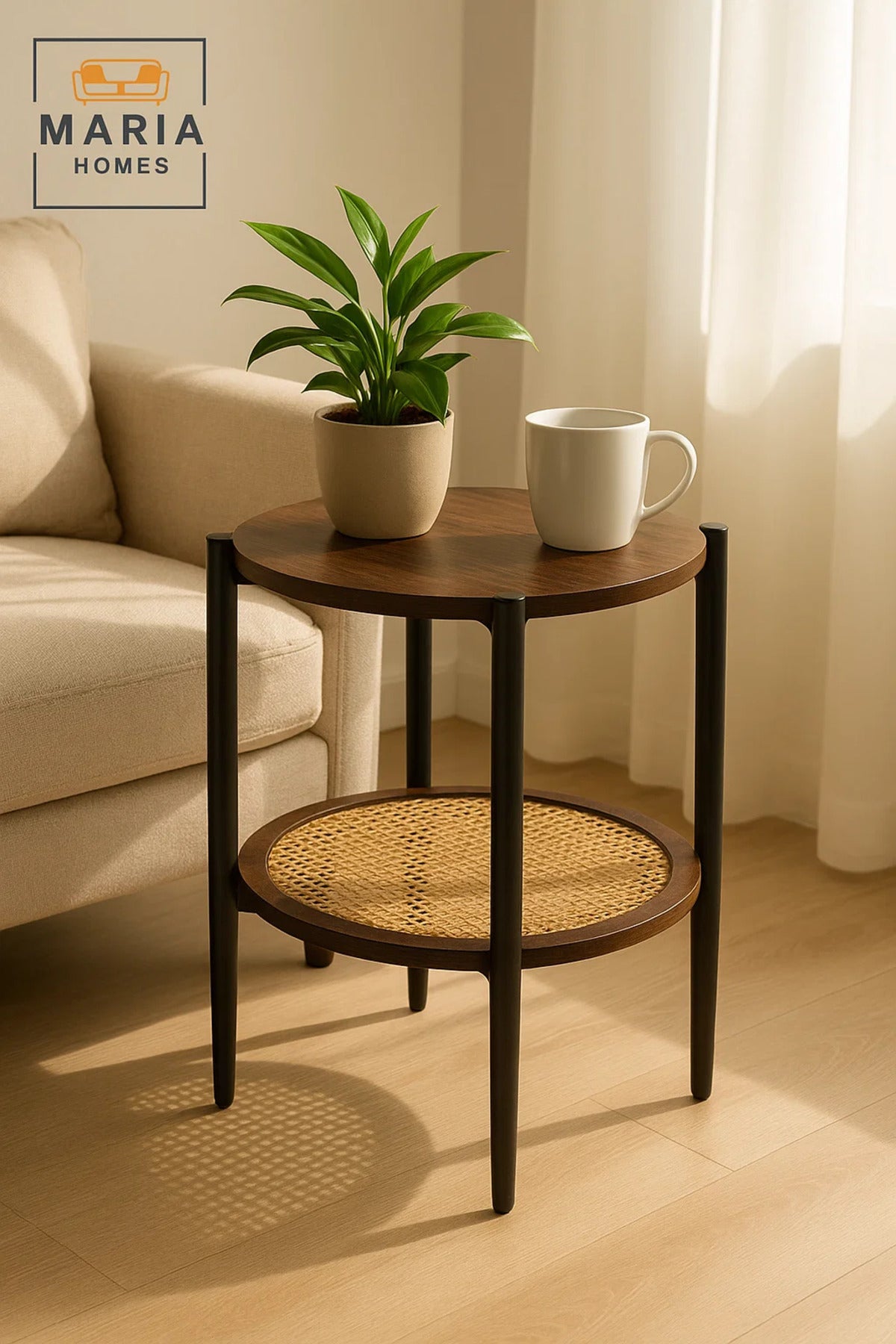 Modern Coffee Brown Side Table √ê Round Coffee Table with Rattan Storage Shelf 45_45_55 cm