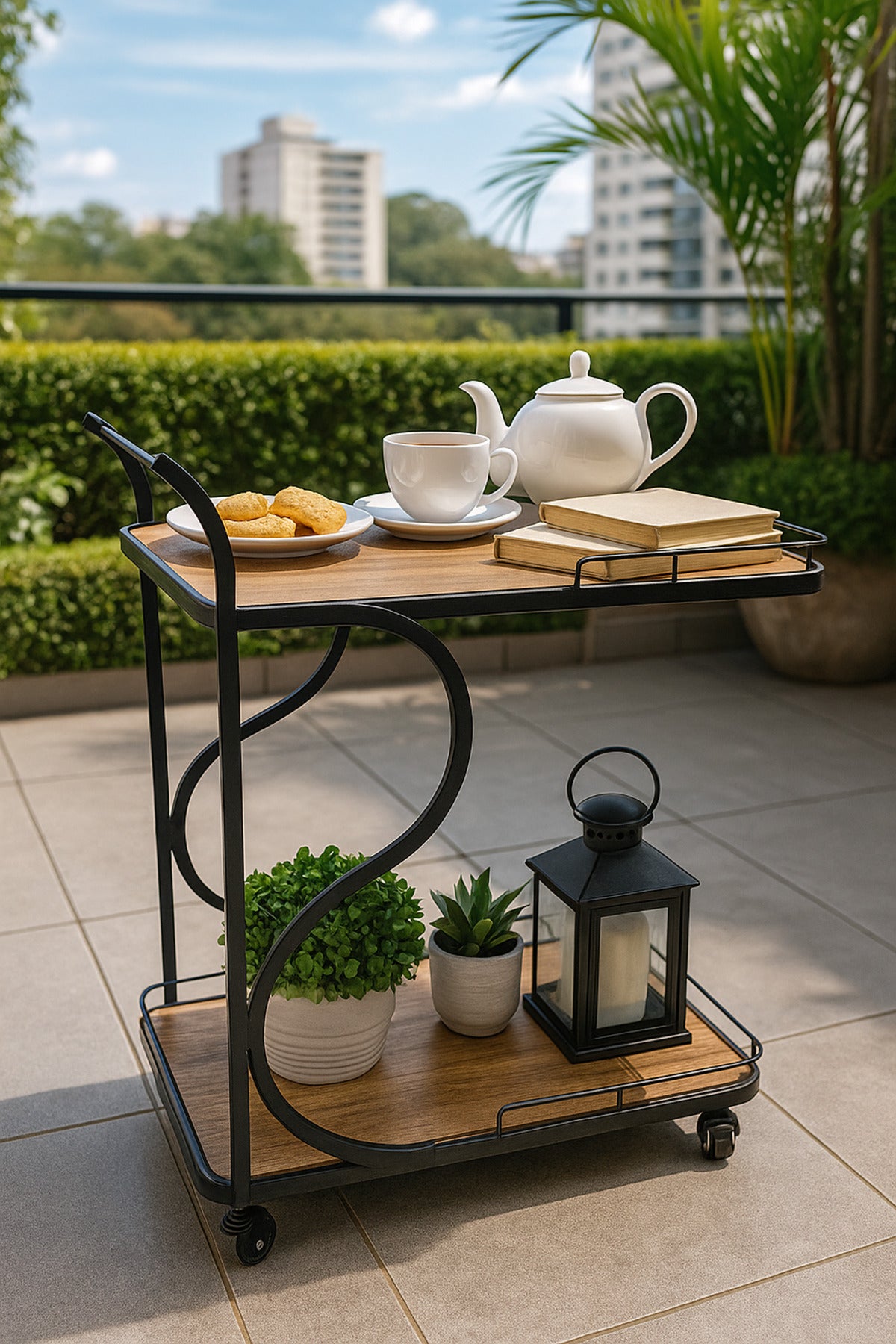 Modern Wooden Serving Trolley Ð 2-Tier Bar Cart with Black Metal Frame & Wheels