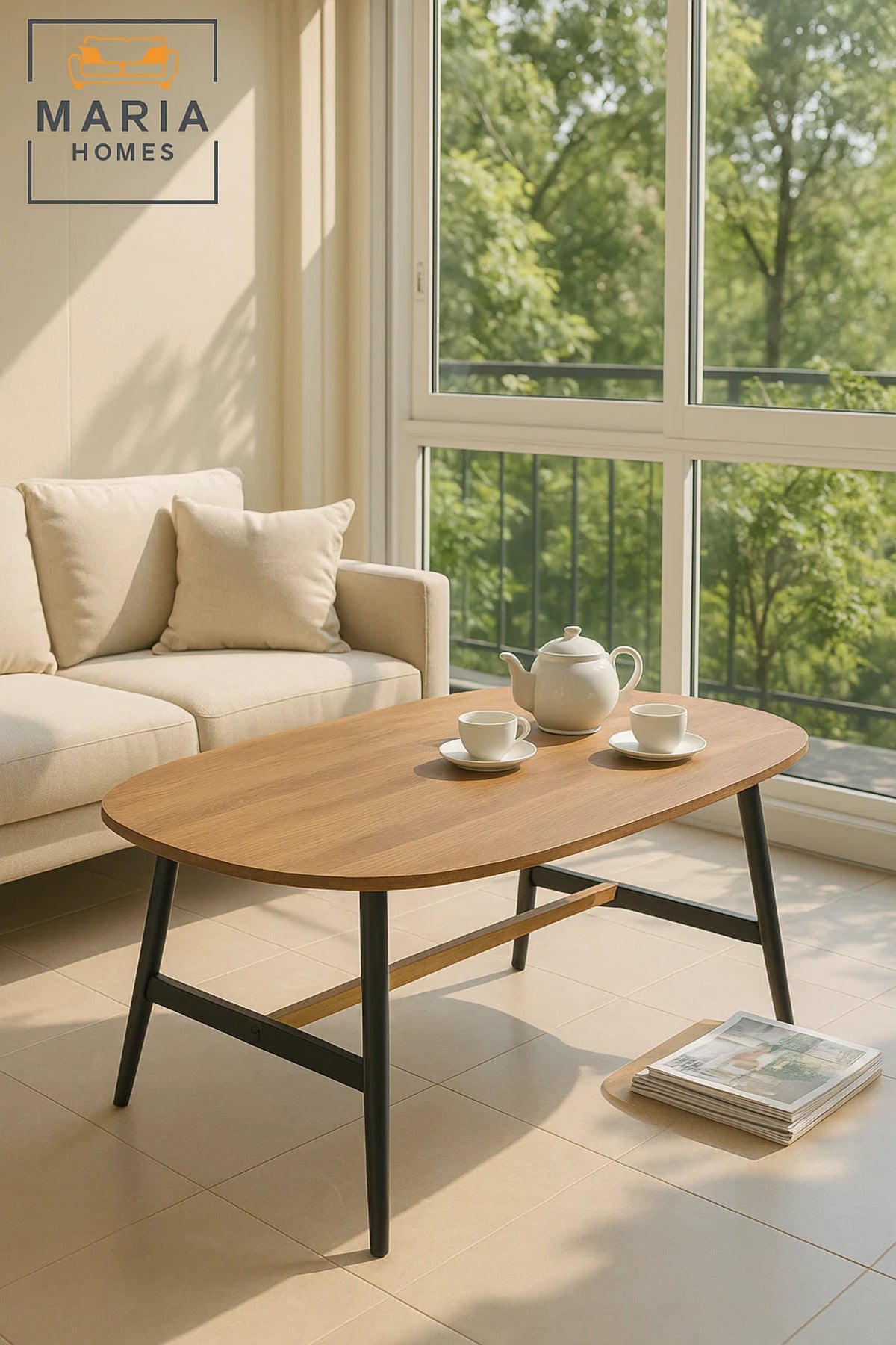 Wooden Center Table 120x60x45cm Ð Oval Coffee Table with Black Metal Legs for Living Room