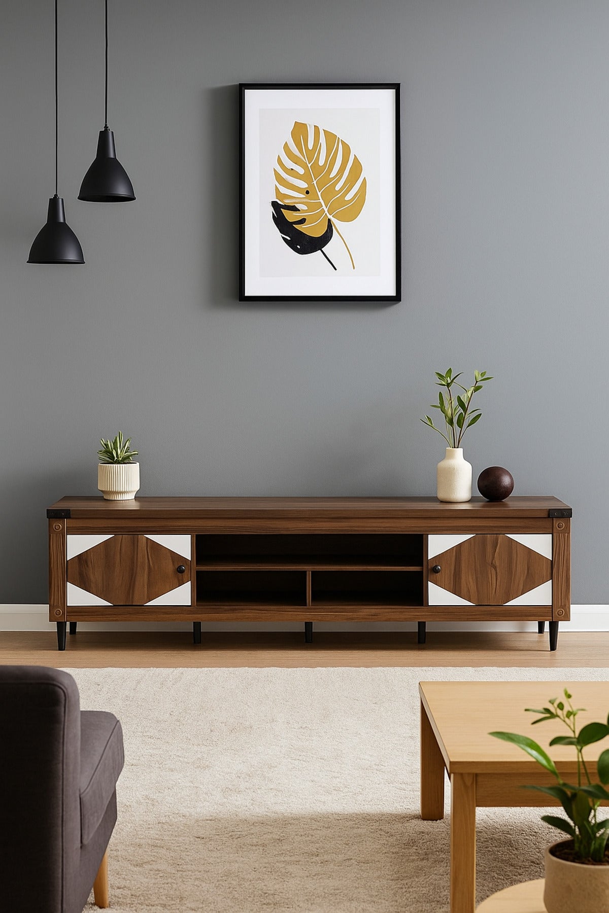 Walnut & White Wooden TV Stand 180_40_55 cm Ð Modern TV Unit with Storage Cabinets and Open Shelves