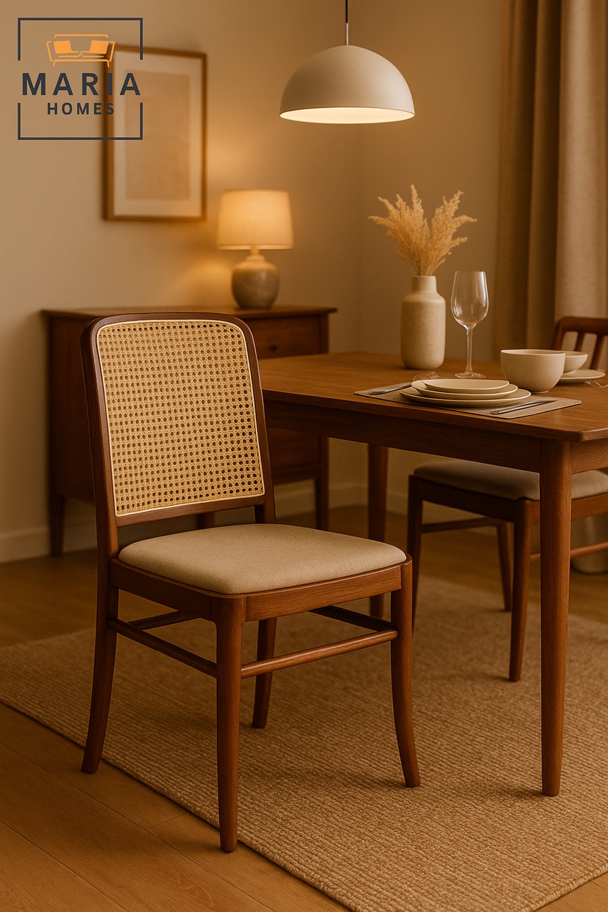 Elegant Walnut Dining Chair with Cane Backrest and Cushioned Seat