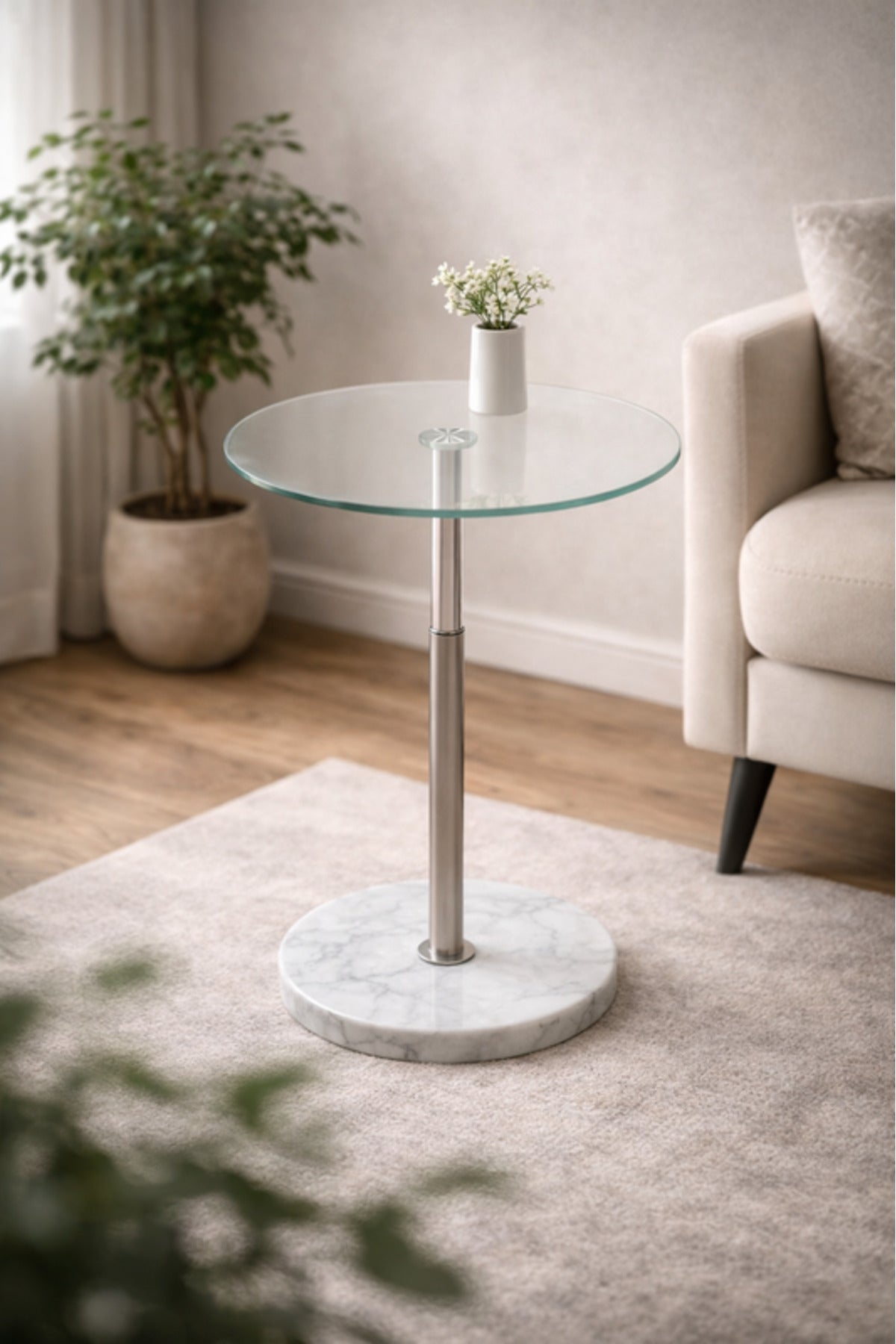 Round Glass Side Table with Silver Column and Marble Base 35_35_56 cm Accent round