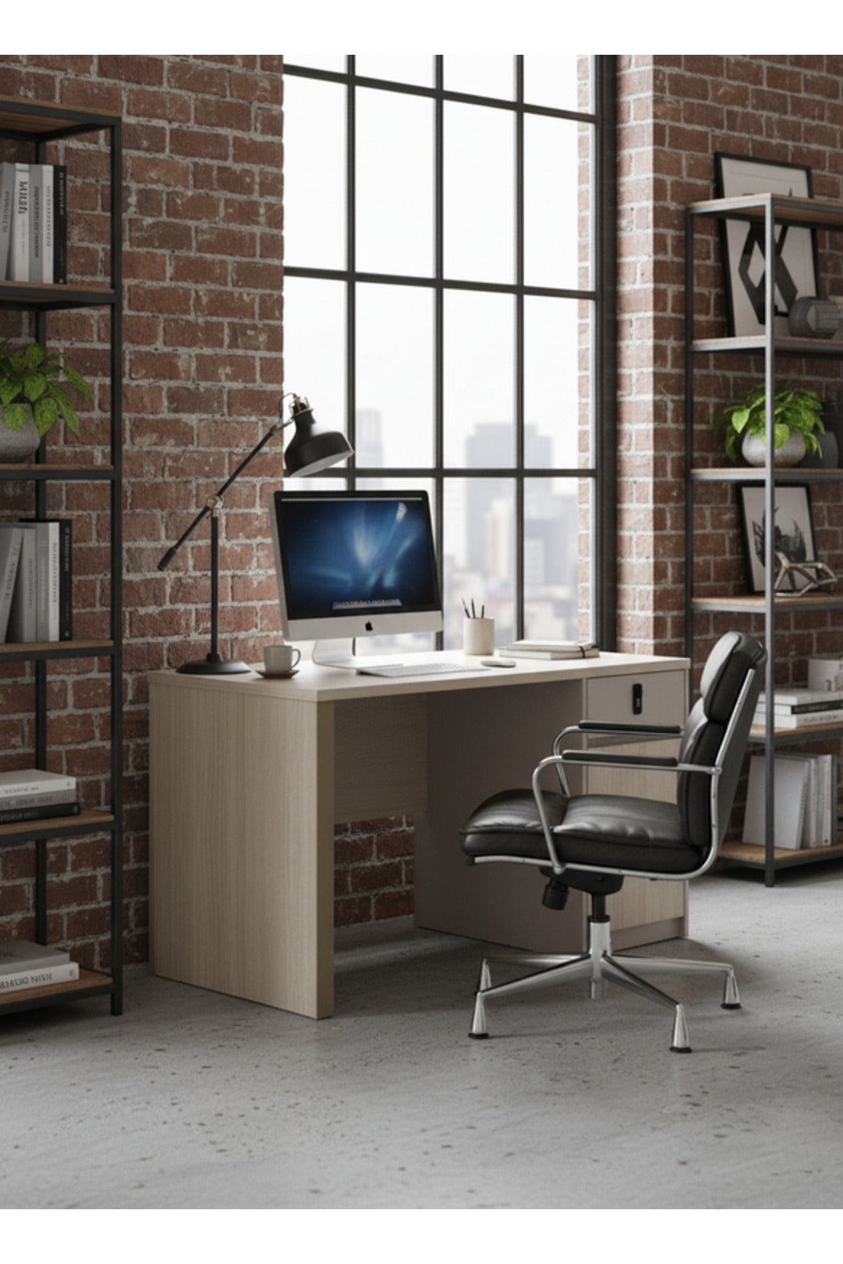 Modern Light Wood Office Desk with Storage Cabinet