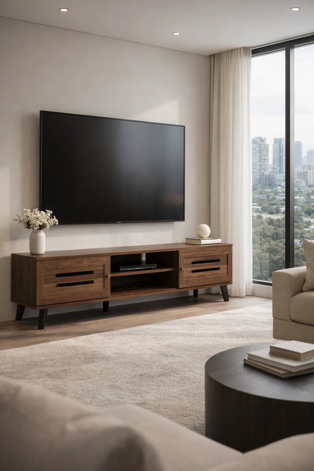 Modern Wooden TV Stand Dark Brown with Slotted Front Design 180 x 40 x 44 cm