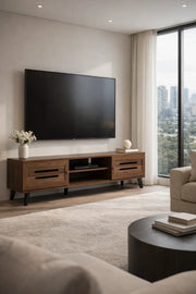 Modern Wooden TV Stand Dark Brown with Slotted Front Design 180 x 40 x 44 cm
