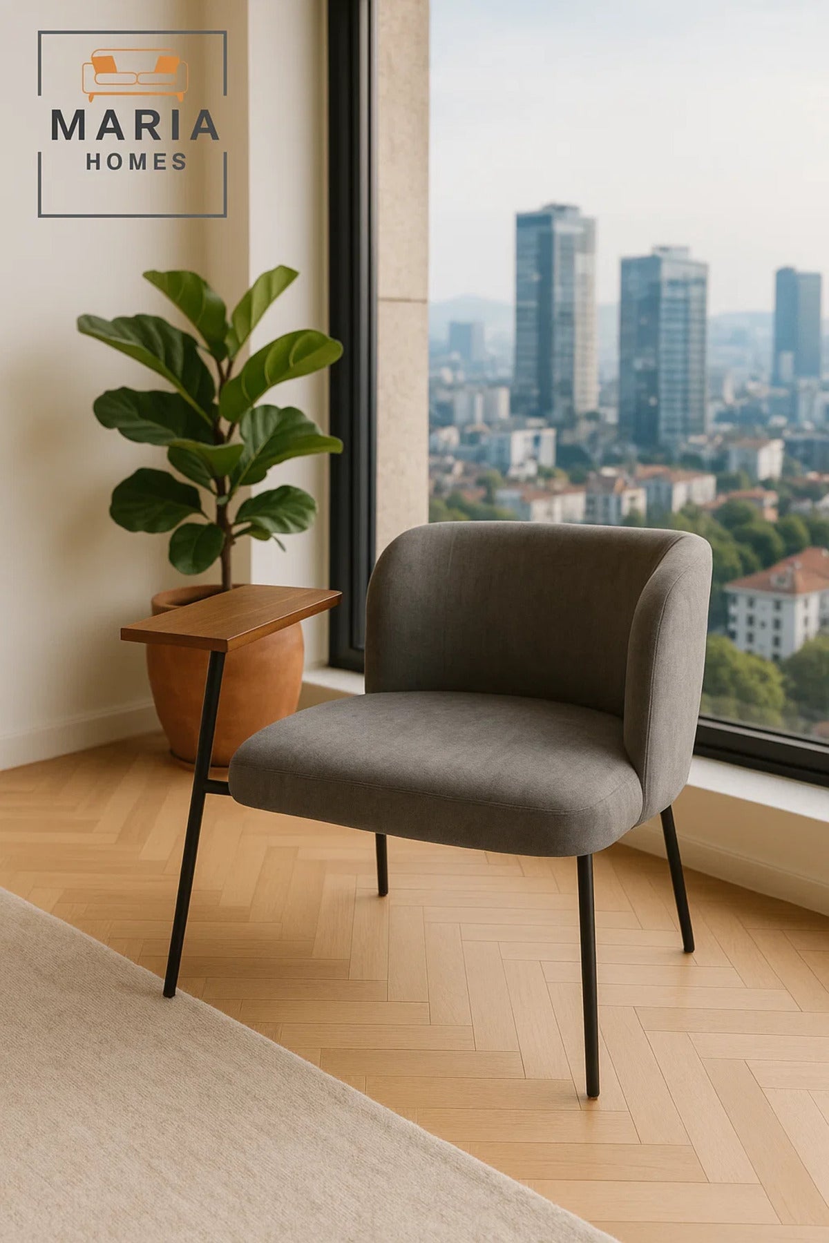 Wide Grey Fabric Lounge Chair Ð Modern Upholstered Armchair with Black Metal Legs for Home or Office