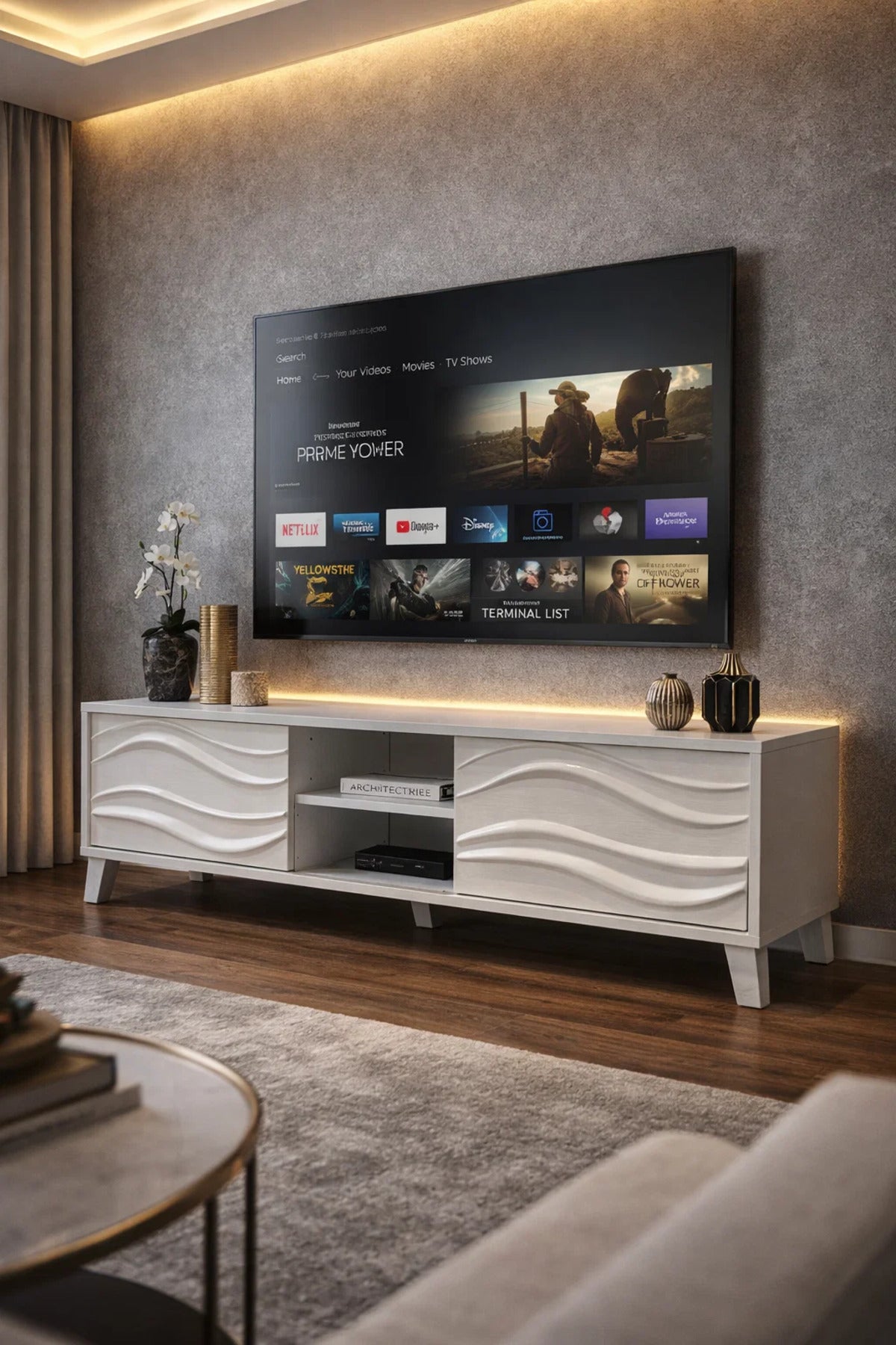 Elegant White TV Console 180cm Media Unit with Wavy Cabinet Doors and Open Shelves for Home
