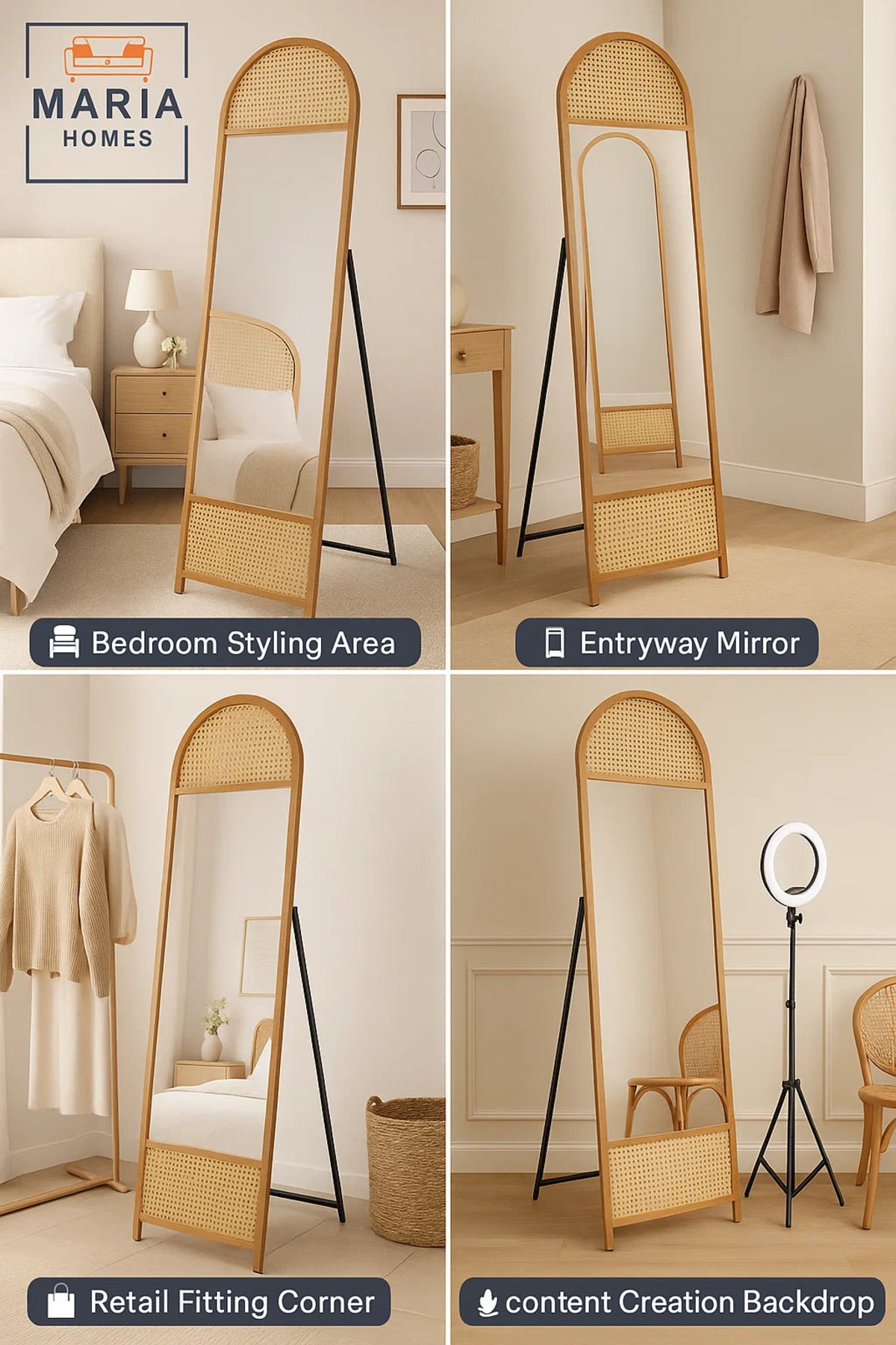 Arched Rattan Full-Length Standing Mirror Natural Wood Frame Mirror for Bedroom & Dressing Area