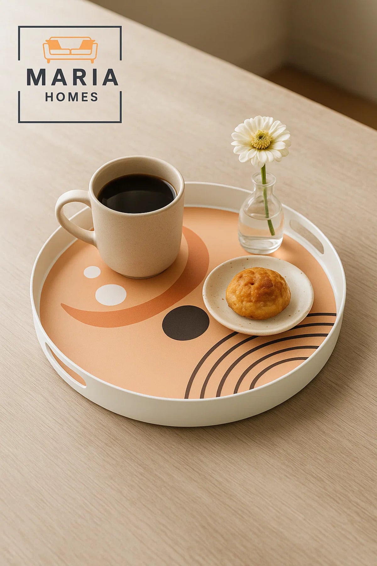 Round Serving Tray with Abstract Peach-Tone Design and Cutout Handles