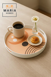 Round Serving Tray with Abstract Peach-Tone Design and Cutout Handles