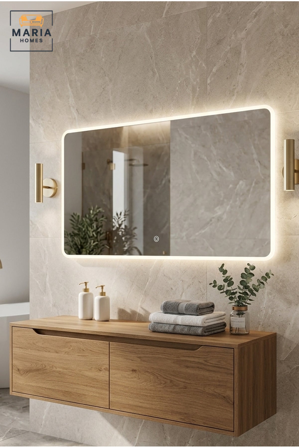Frameless Rectangular LED Wall Mirror 160 × 80 cm with Touch Sensor, Rounded Corners and Backlit Illumination for Bathroom, Bedroom and Vanity