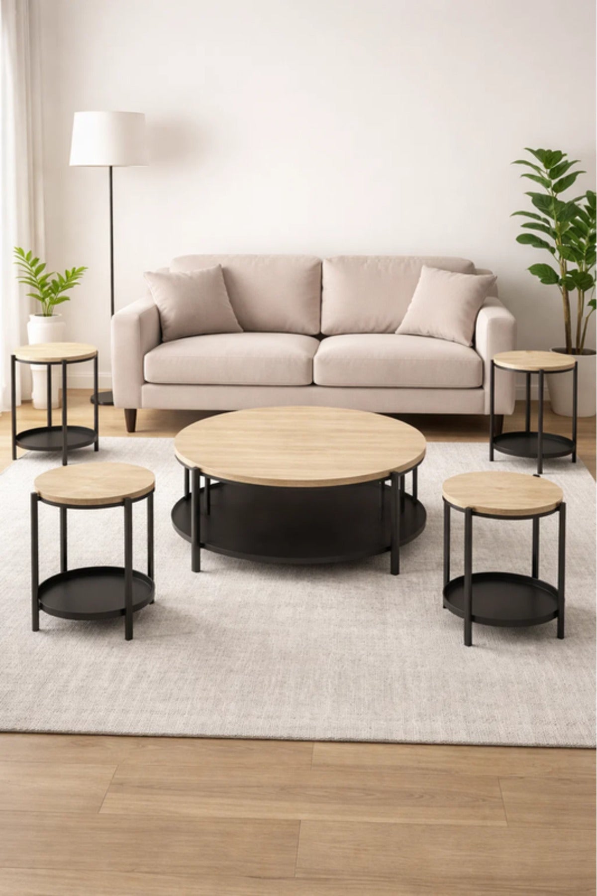 Round Wood Coffee Table Set with 4 Side Tables and Storage Shelf 90 _ 90 _ 45 cm
