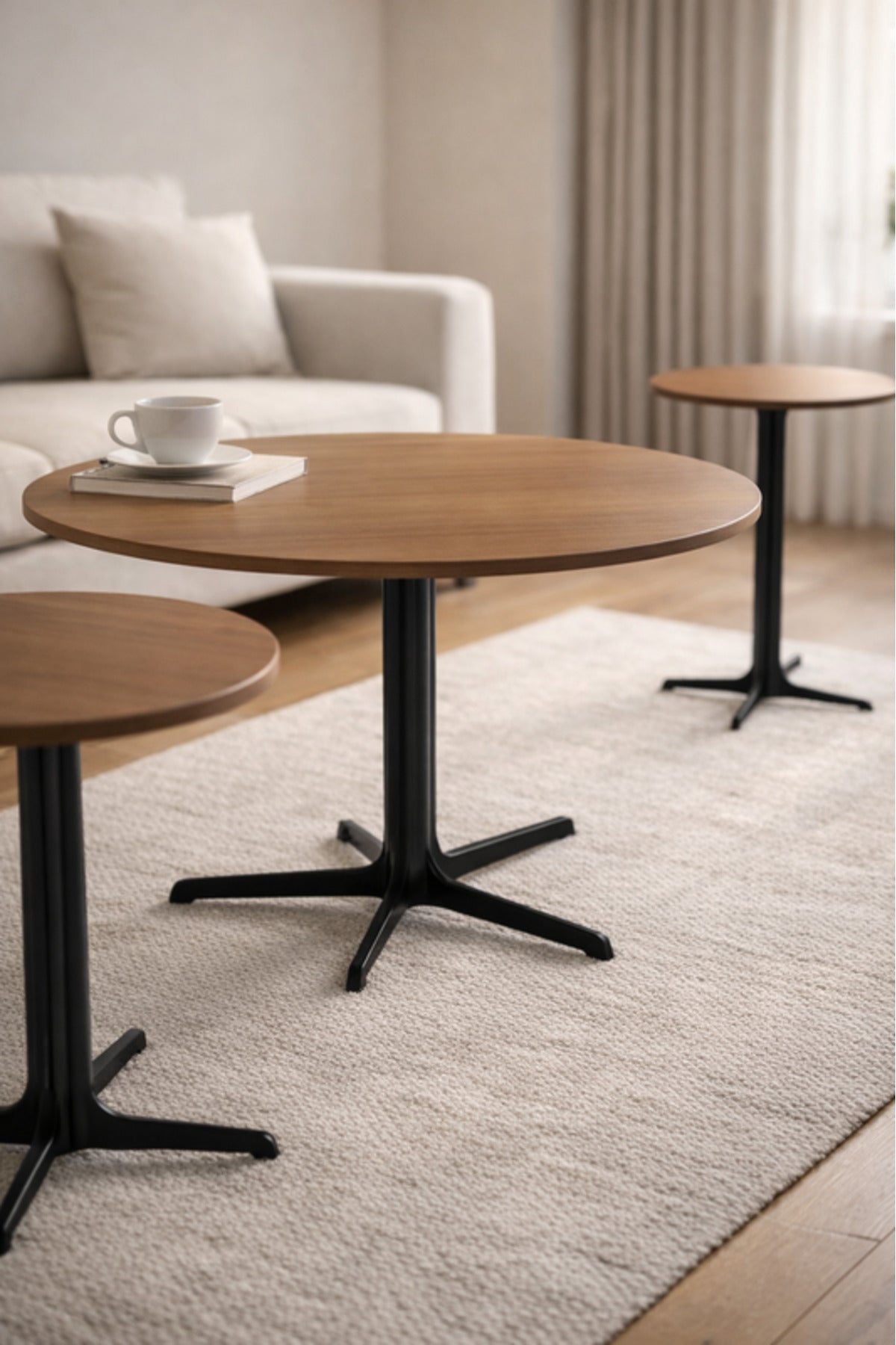 Light Brown Ceramic Coffee Table Set 1+2 with Metal Base 80_80_48 cm 45_45_55 Side