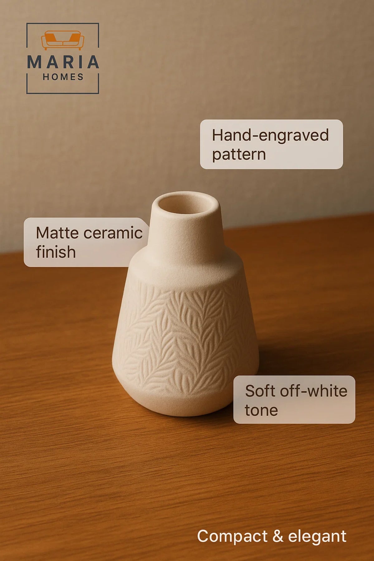 Textured White Ceramic Vase with Embossed Leaf Motif