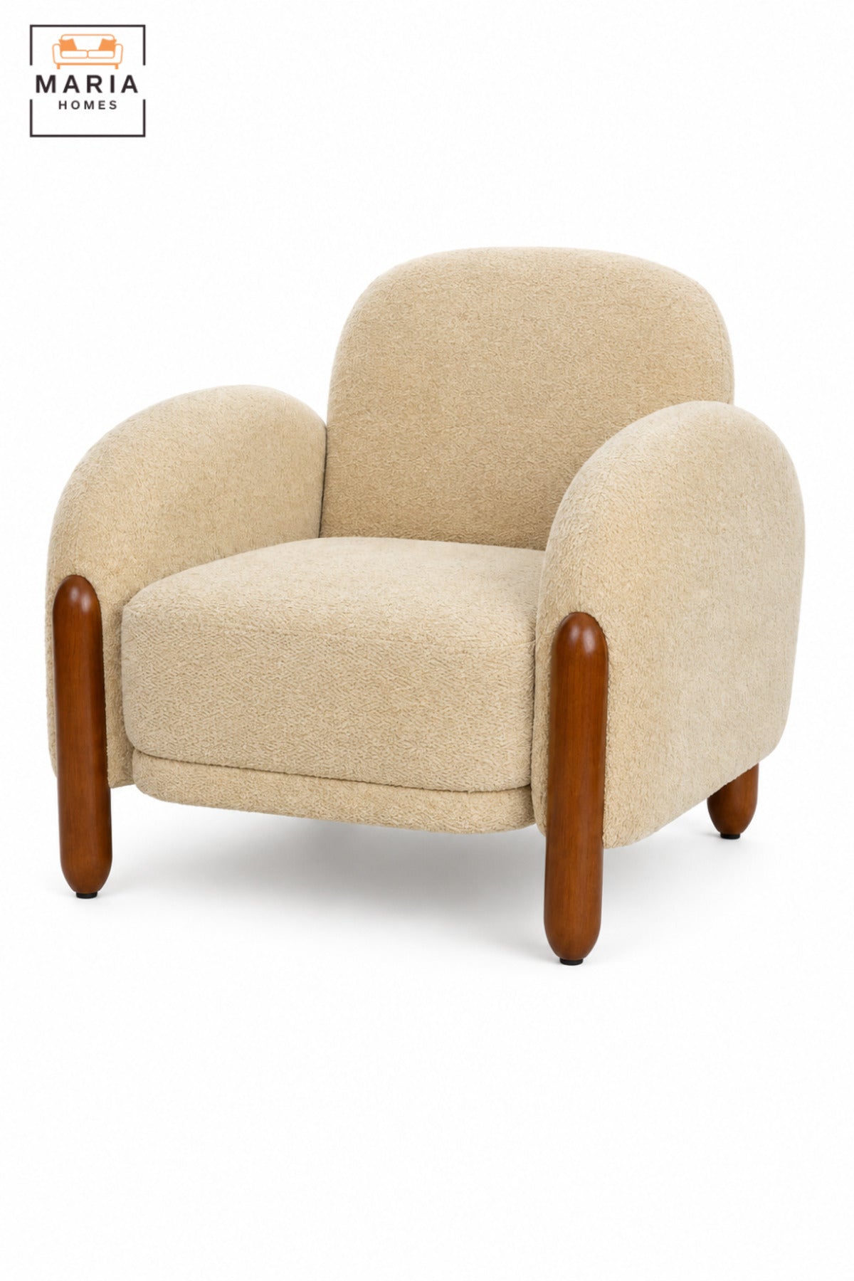 Modern Upholstered Accent Armchair with Curved Backrest, Padded Seat, Rounded Armrests and Wooden Legs | Lounge Chair for Living Room and Bedroom
