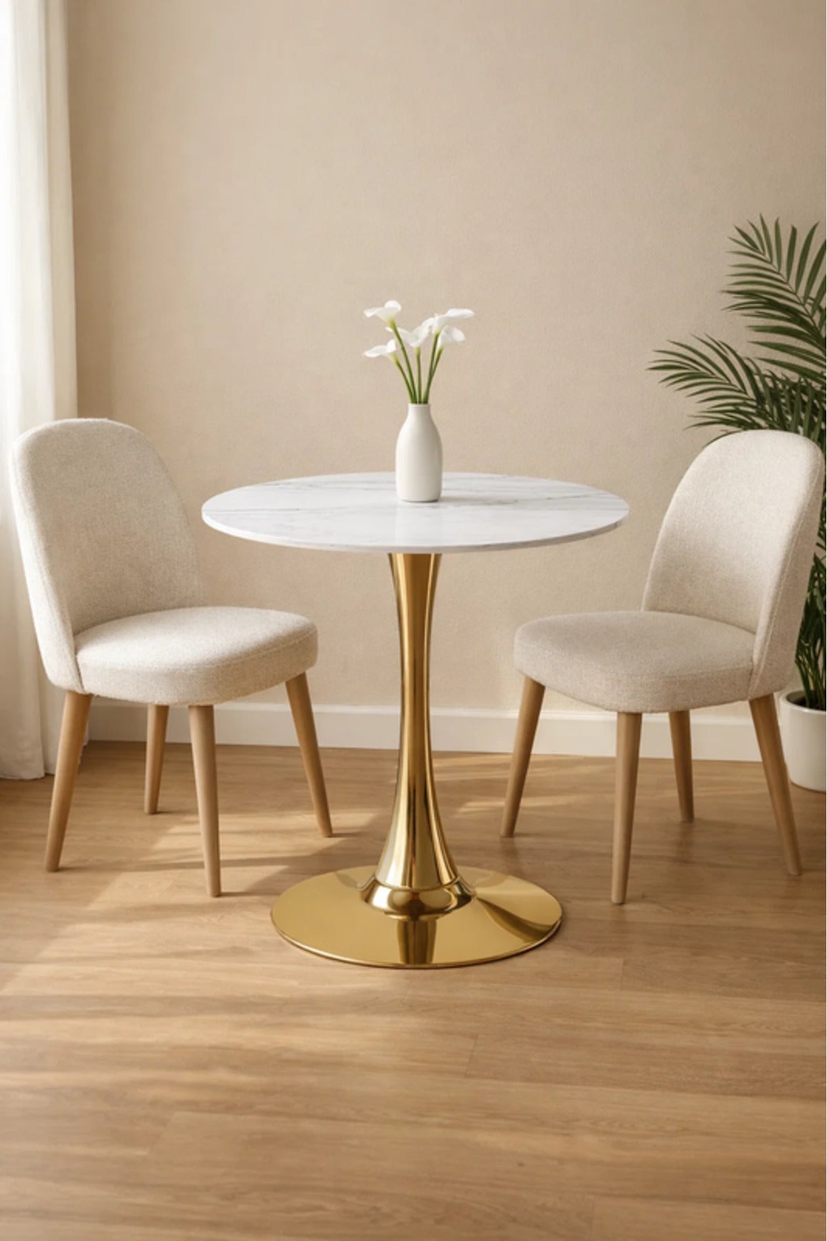Modern Round White Table with Gold Pedestal Base
