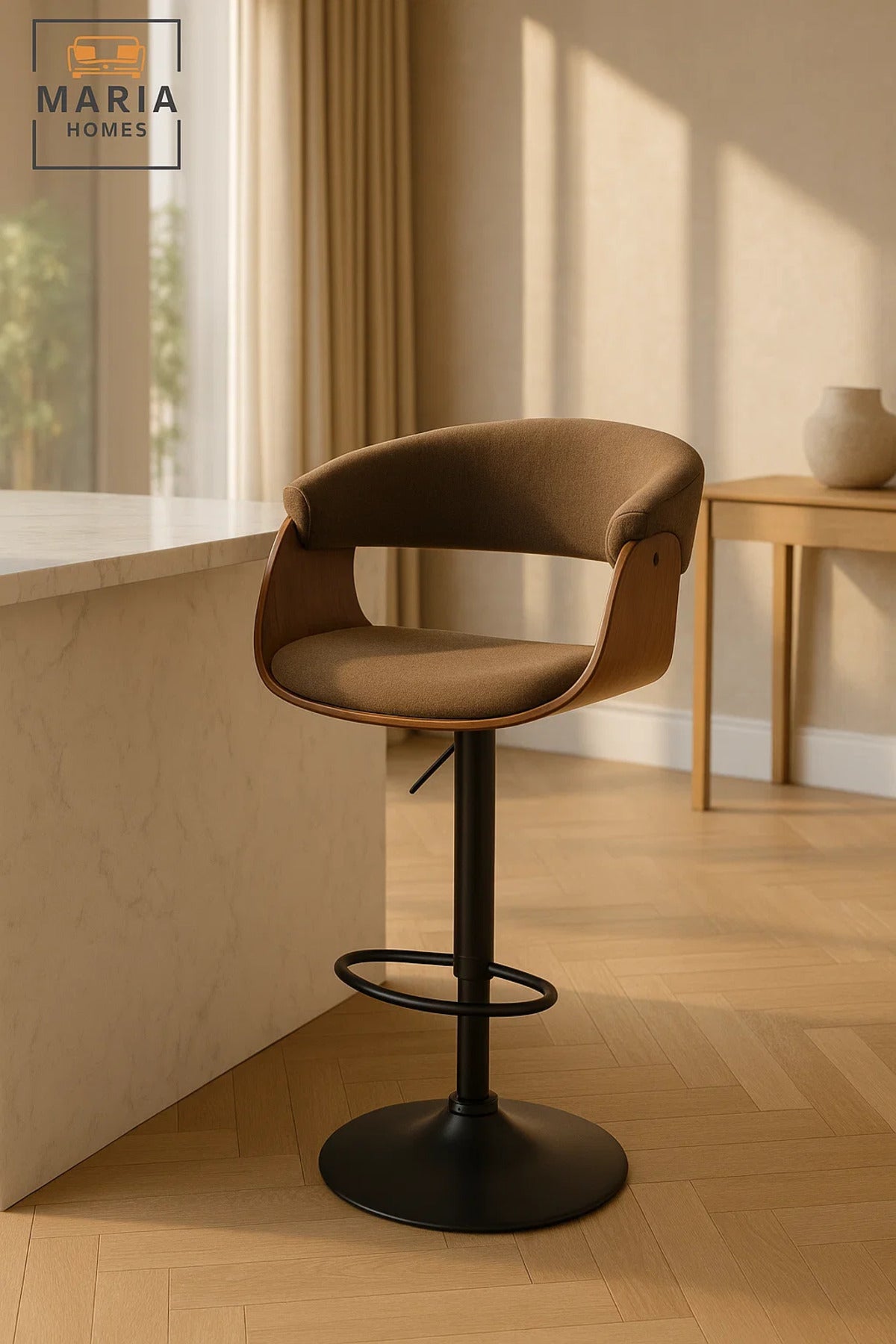 Adjustable Swivel Bar Stool Curved Wood Back Modern Counter Chair Metal Base Footrest