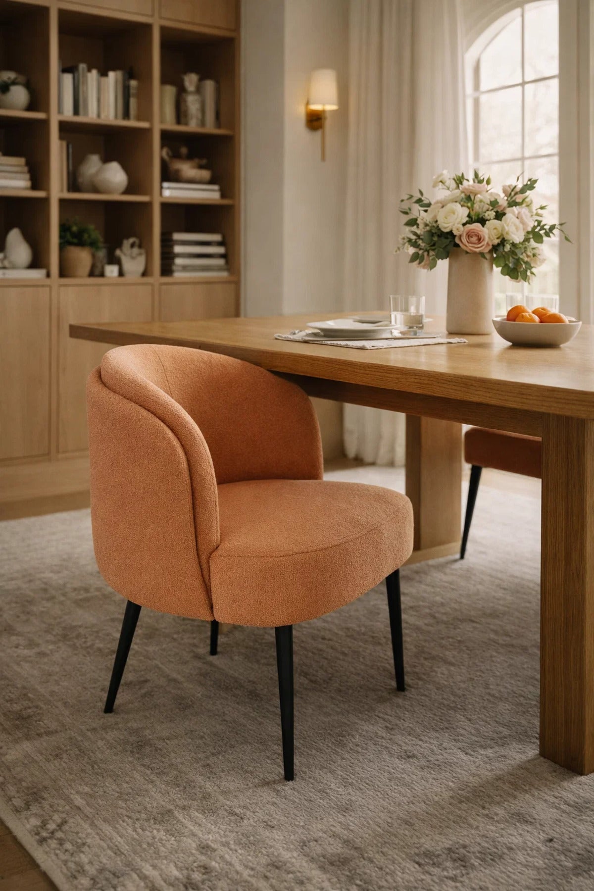Stylish Orange Boucle Dining Chair Black Metal Legs Soft Sherpa Accent Armchair for Modern Home